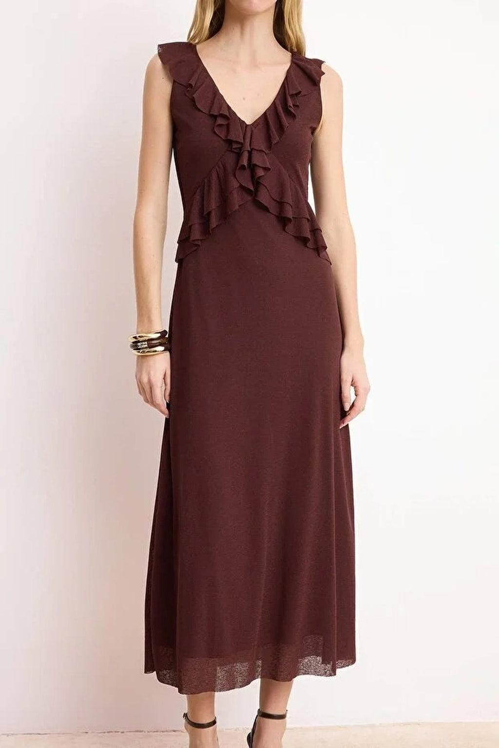 A-Line V-Neck Sleeveless Fruffled Midi Knit Dress