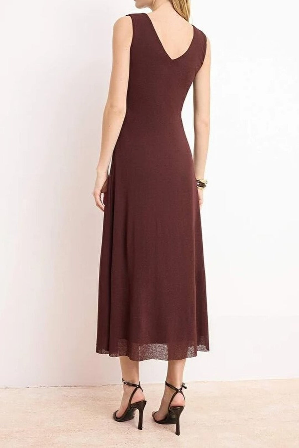 A-Line V-Neck Sleeveless Fruffled Midi Knit Dress
