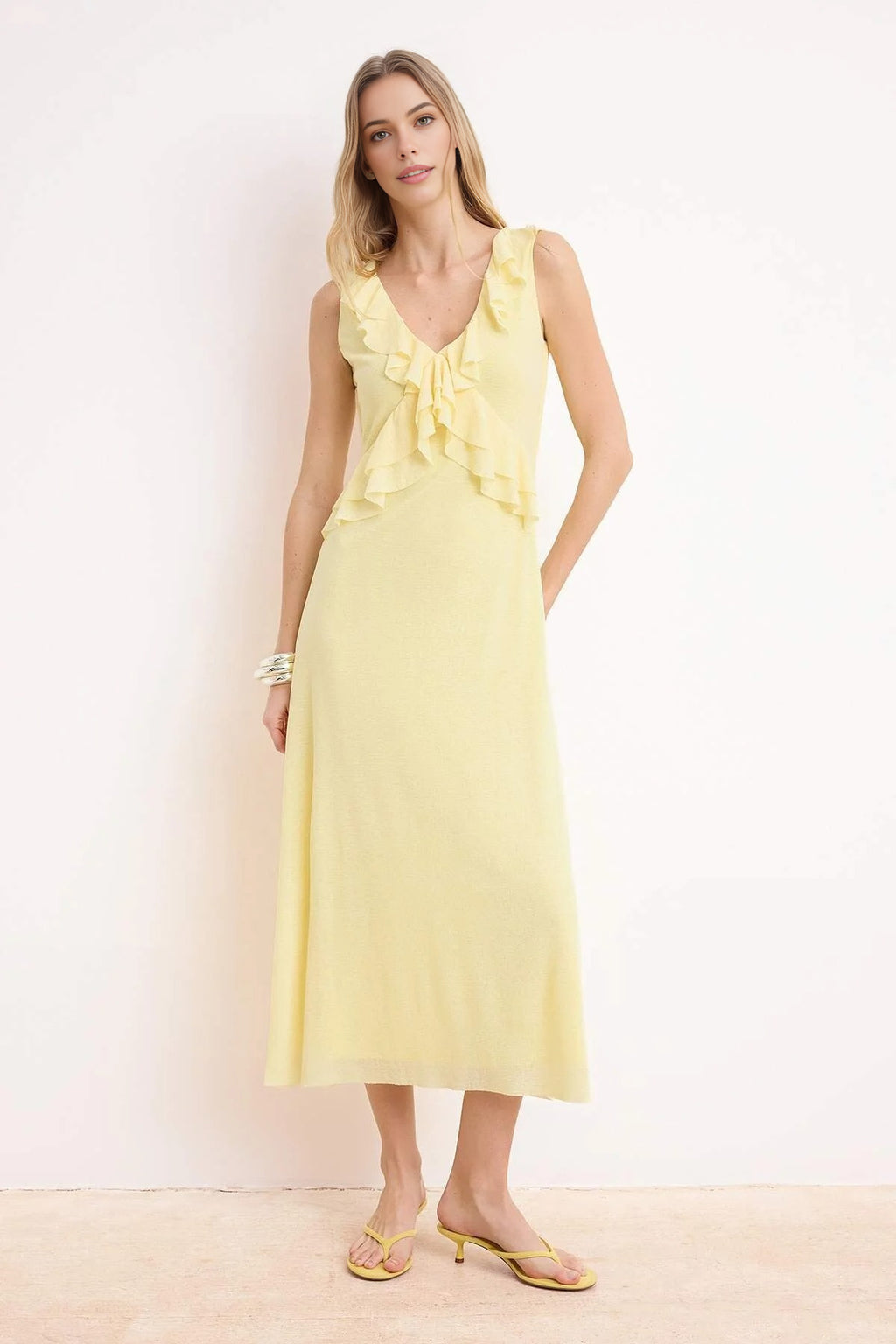 A-Line V-Neck Sleeveless Fruffled Midi Knit Dress