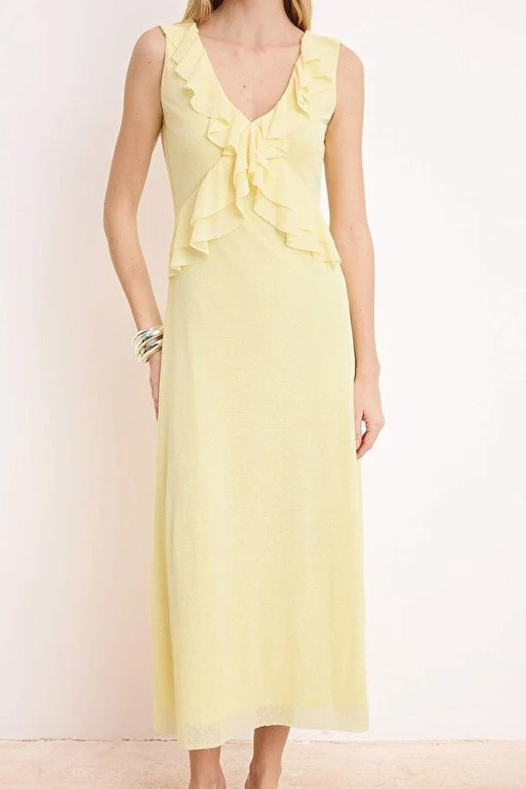 A-Line V-Neck Sleeveless Fruffled Midi Knit Dress
