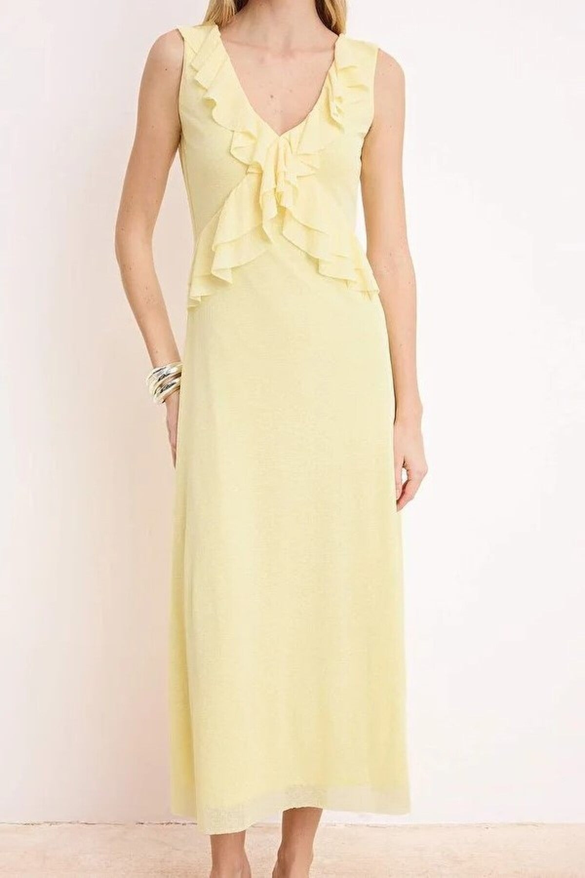 A-Line V-Neck Sleeveless Fruffled Midi Knit Dress