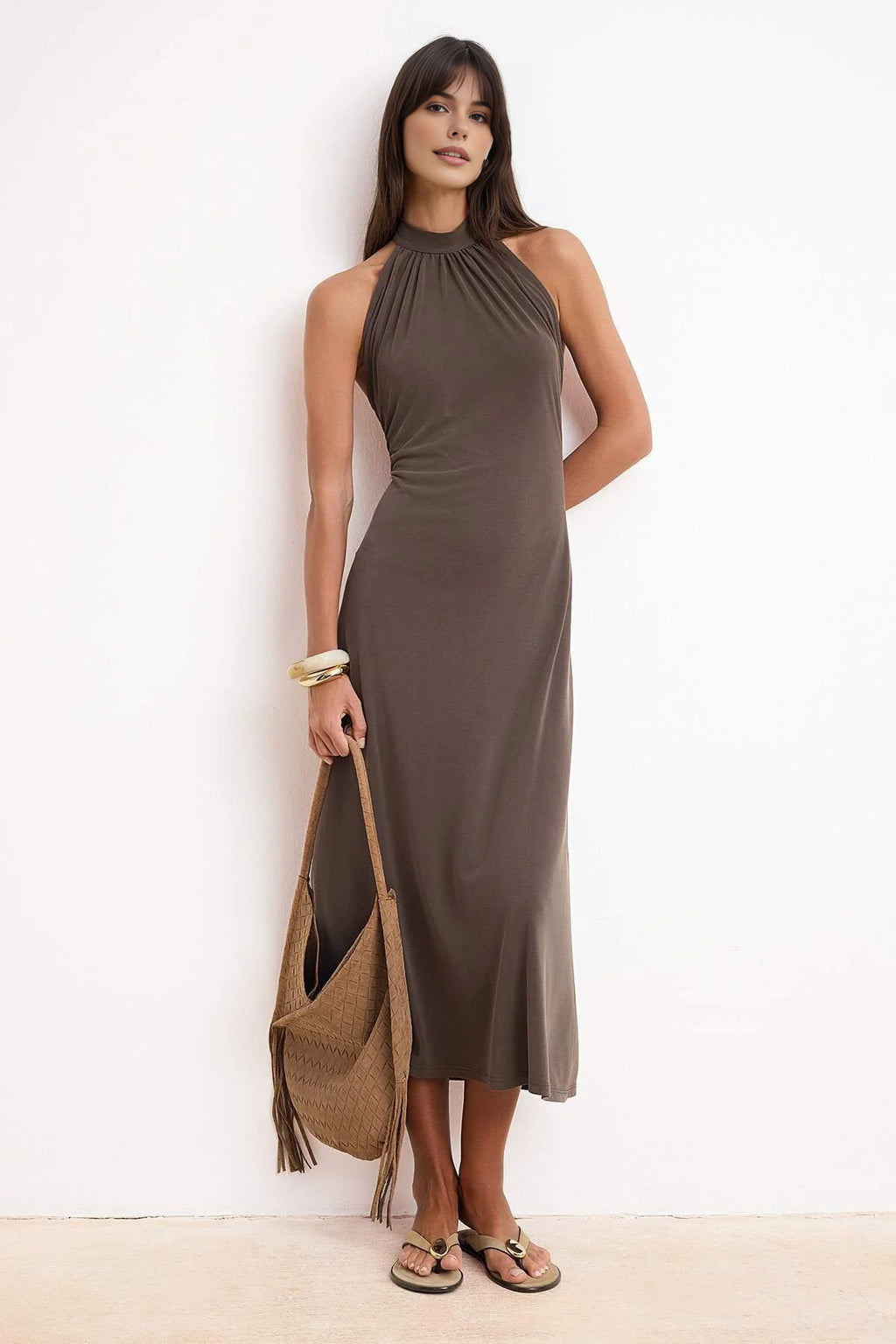 Halter Neck Sleeveless Ruched Midi Knit Dress