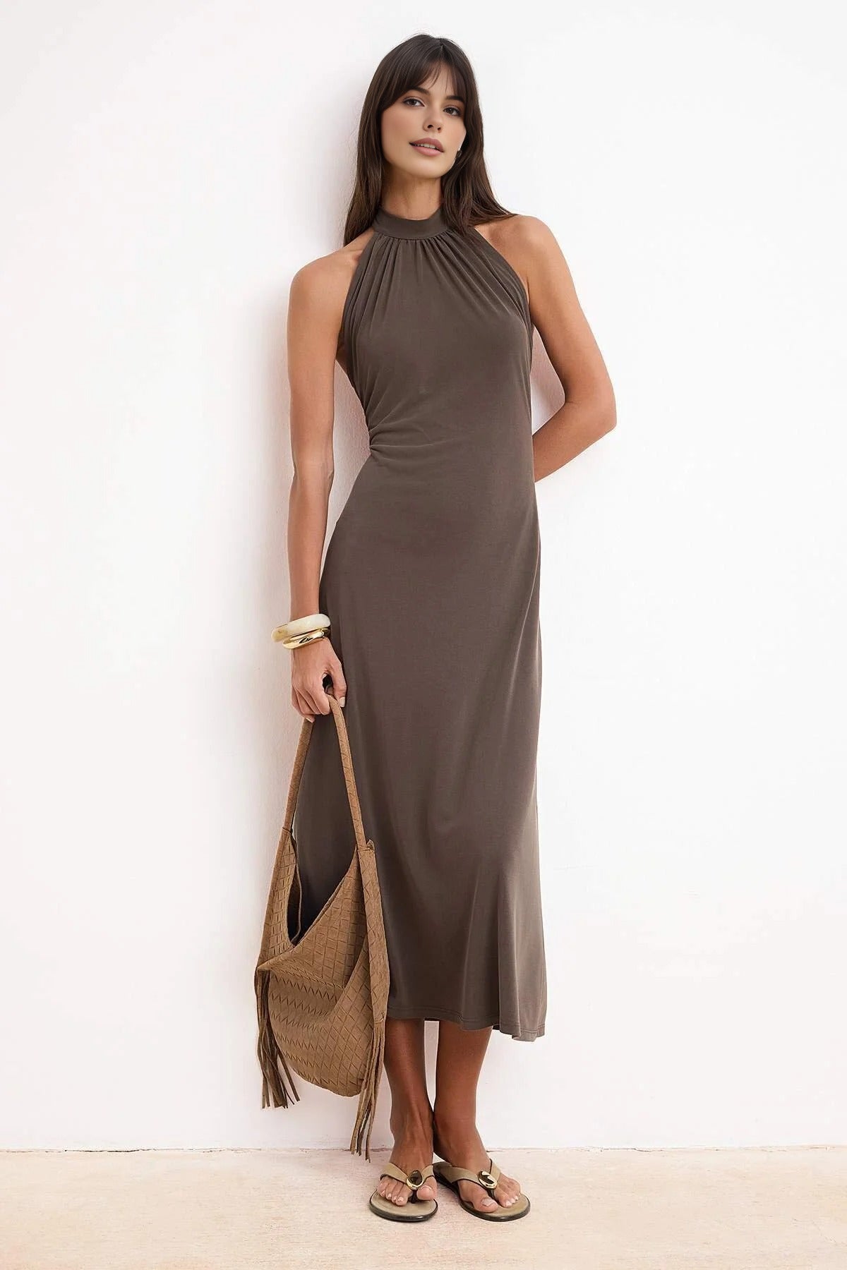 Halter Neck Sleeveless Ruched Midi Knit Dress