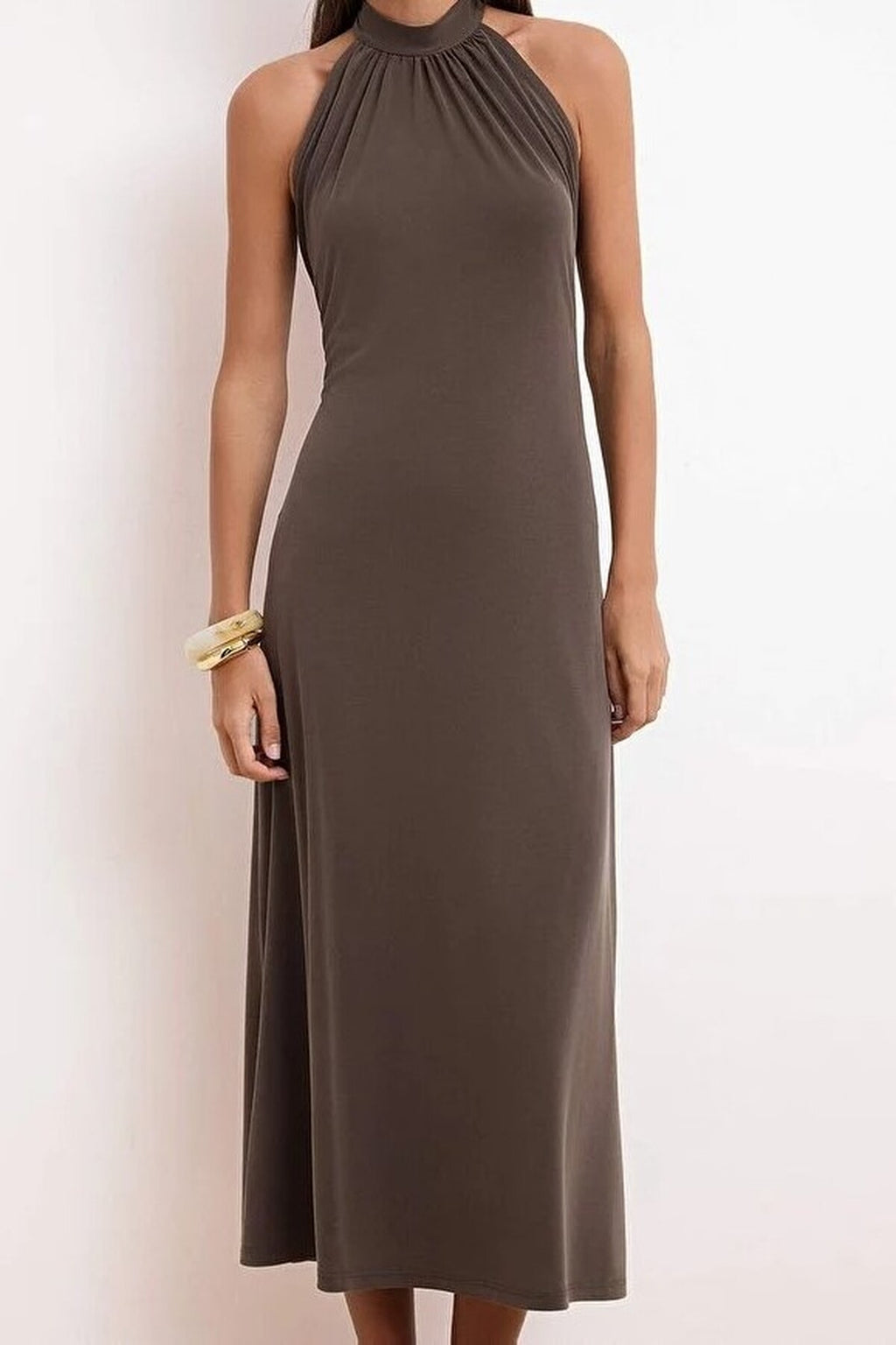 Halter Neck Sleeveless Ruched Midi Knit Dress