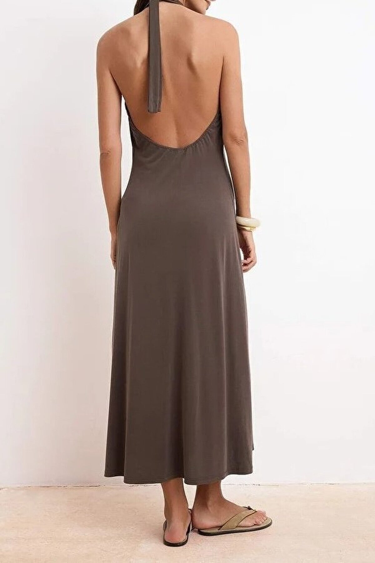Halter Neck Sleeveless Ruched Midi Knit Dress