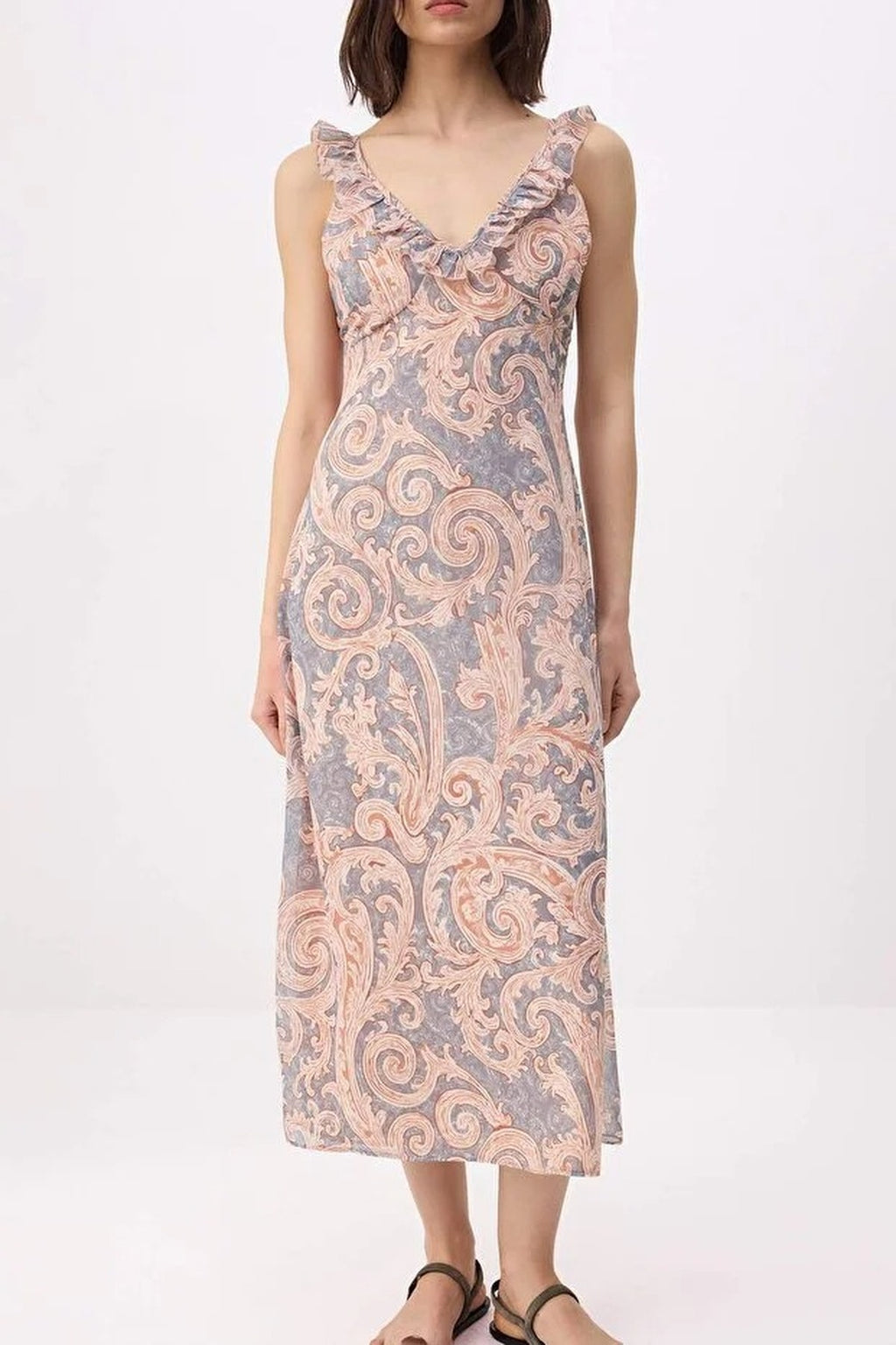 Shawl Patterned Chiffon Lined Midi Woven Dress