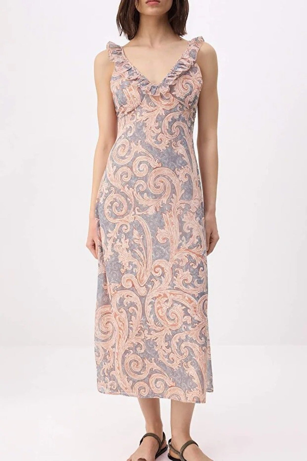 Shawl Patterned Chiffon Lined Midi Woven Dress