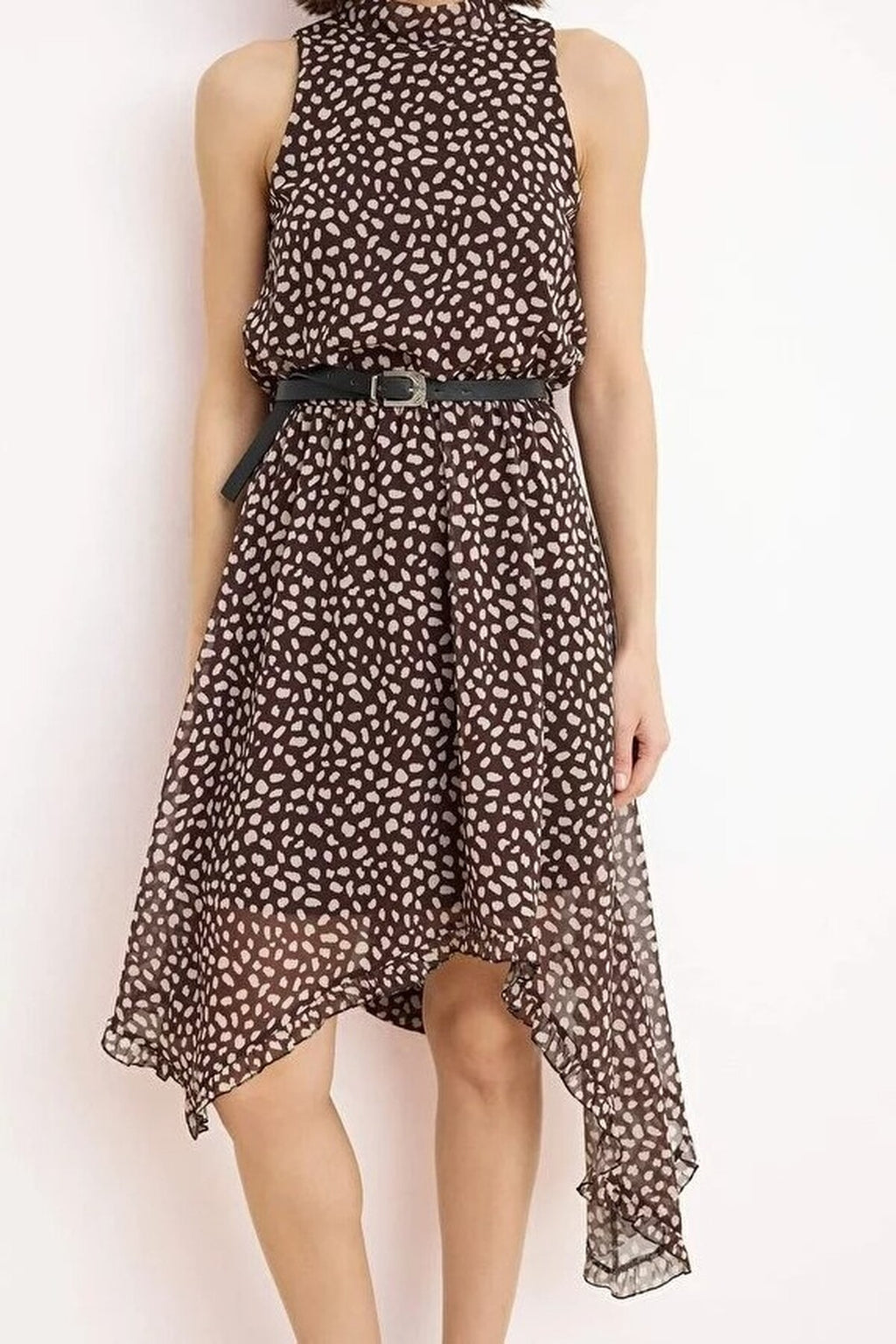 Polka Dot Asymmetrical Skirt Detail Chiffon Lined Midi Woven Dress
