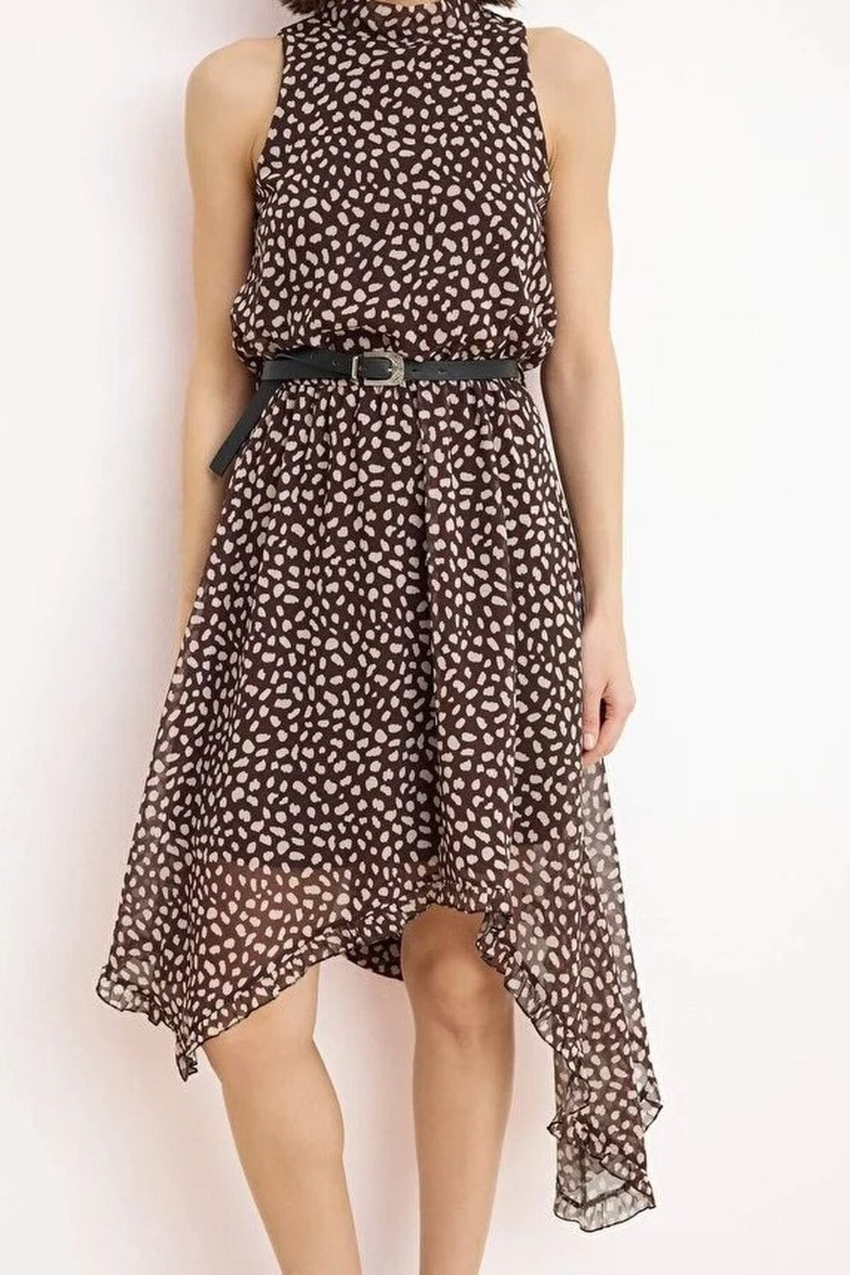 Polka Dot Asymmetrical Skirt Detail Chiffon Lined Midi Woven Dress