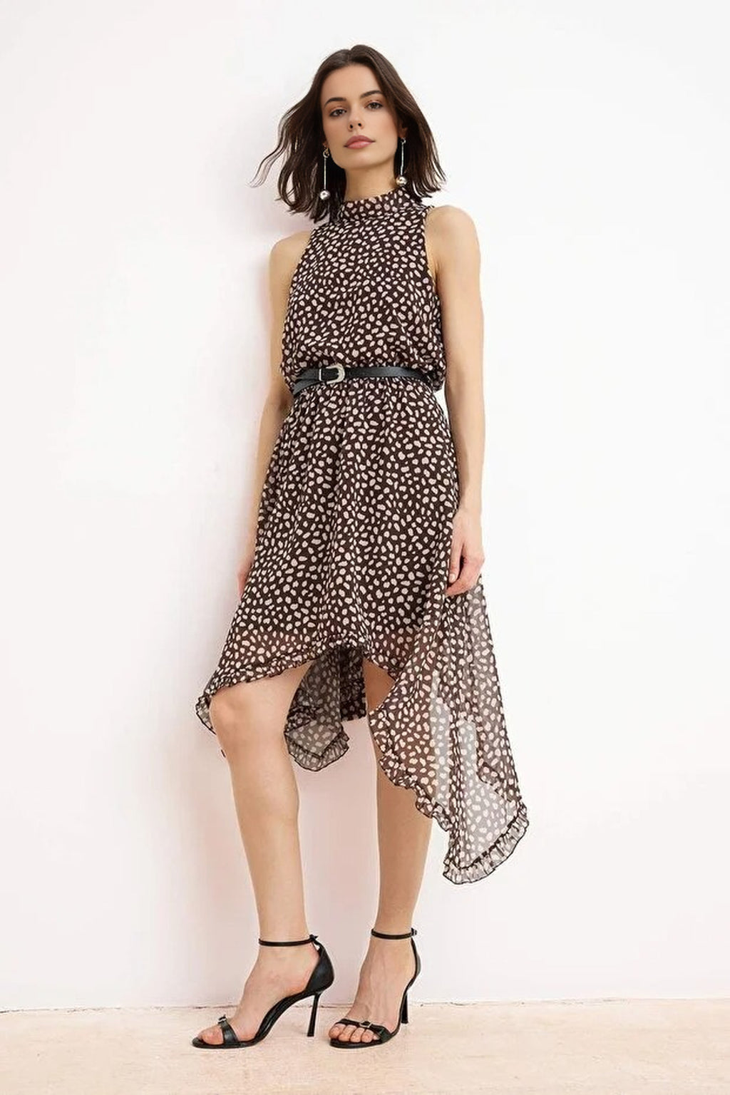 Polka Dot Asymmetrical Skirt Detail Chiffon Lined Midi Woven Dress