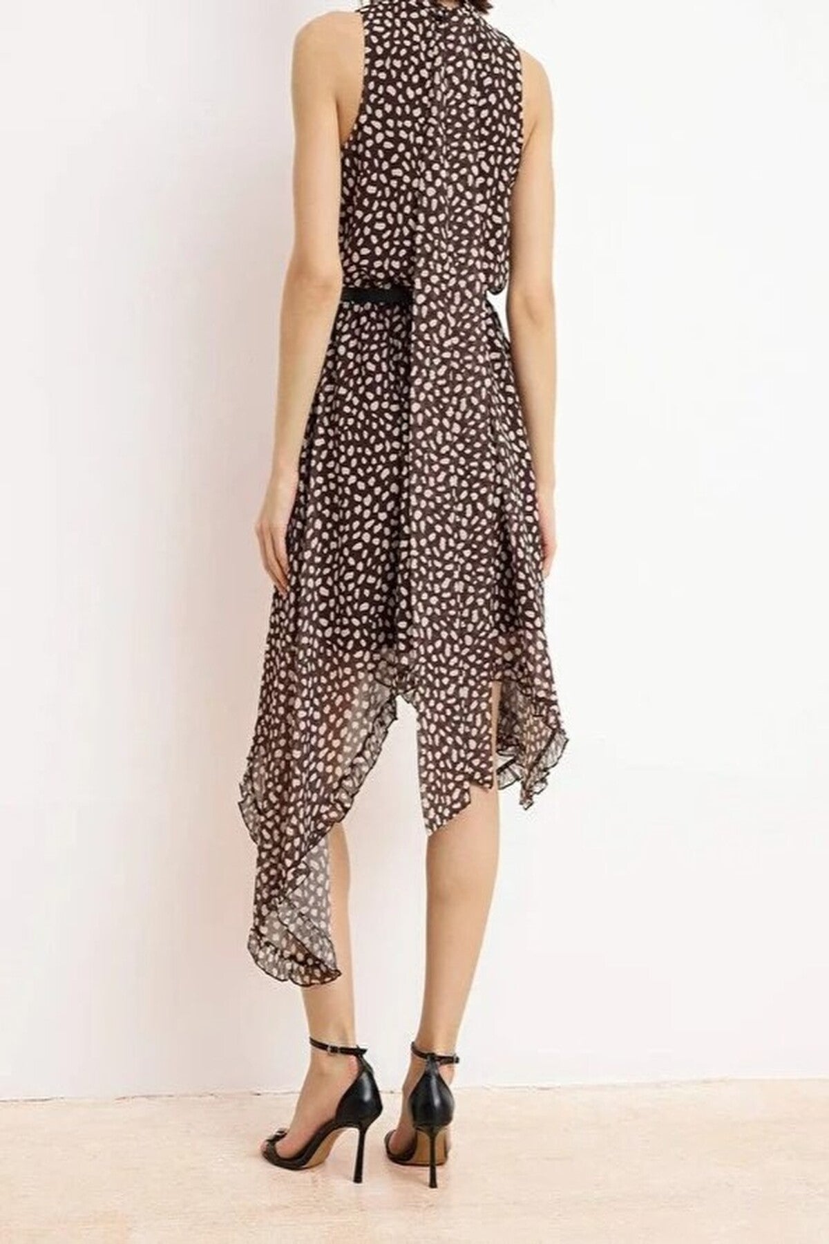 Polka Dot Asymmetrical Skirt Detail Chiffon Lined Midi Woven Dress