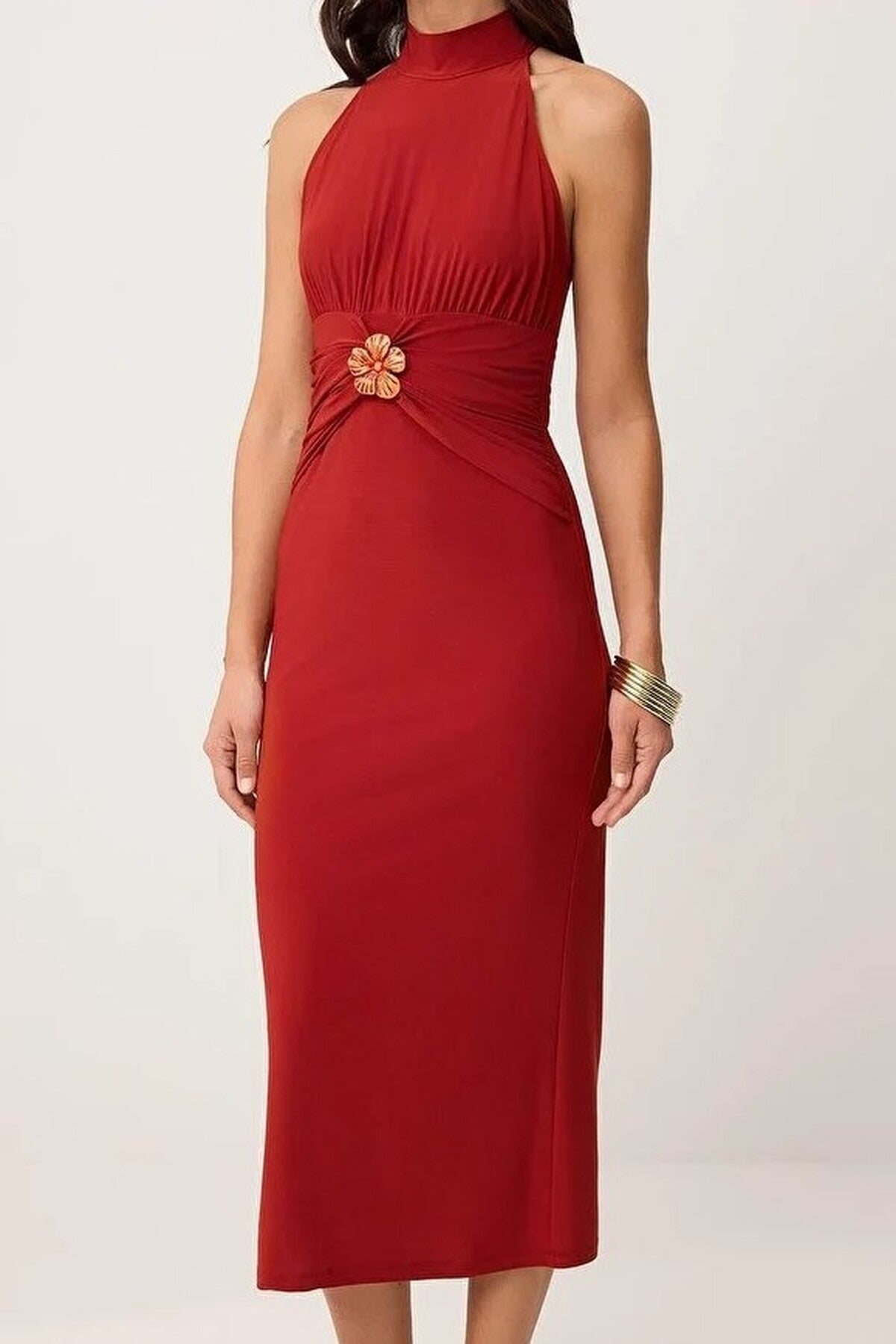 Halter Neck Midi Stretch Knit Dress