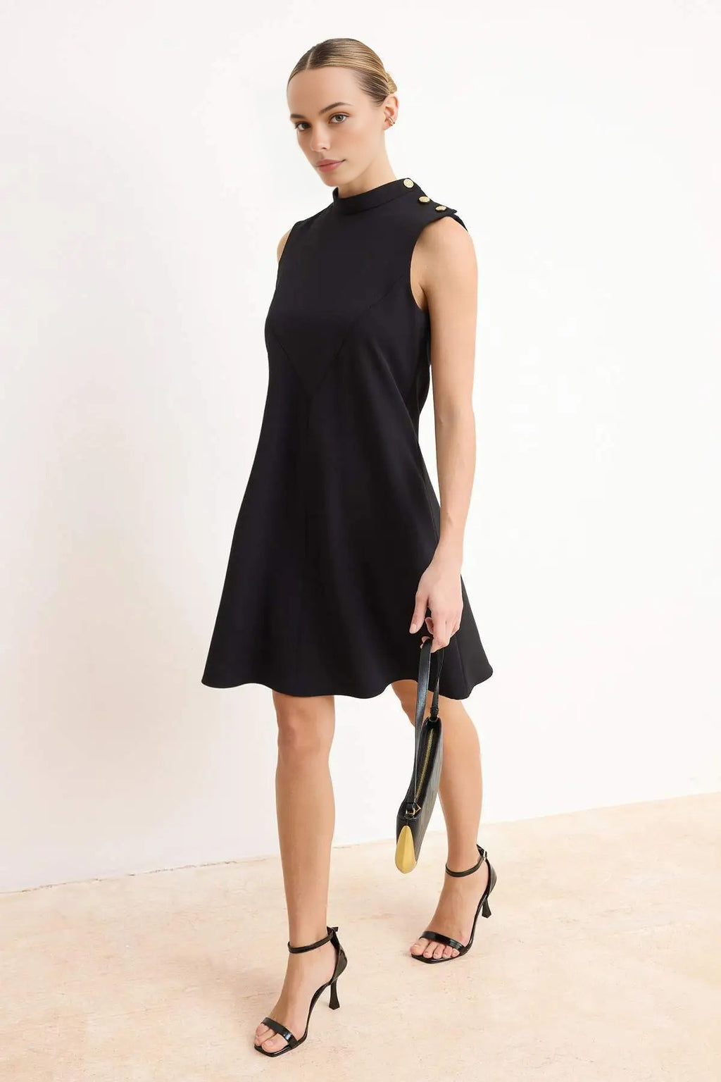 Solid Button Detail Mini Woven Dress