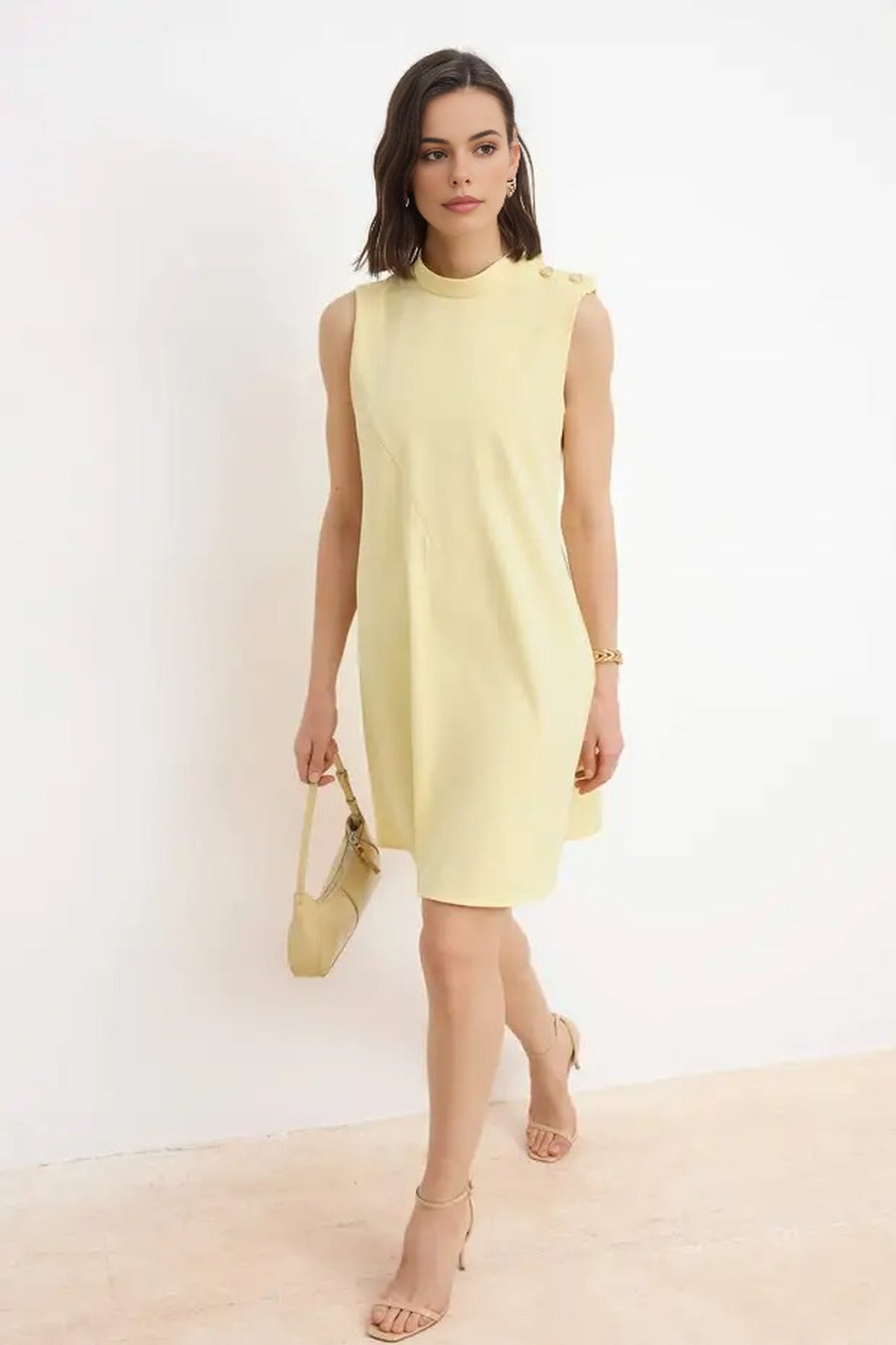 Solid Button Detail Mini Woven Dress