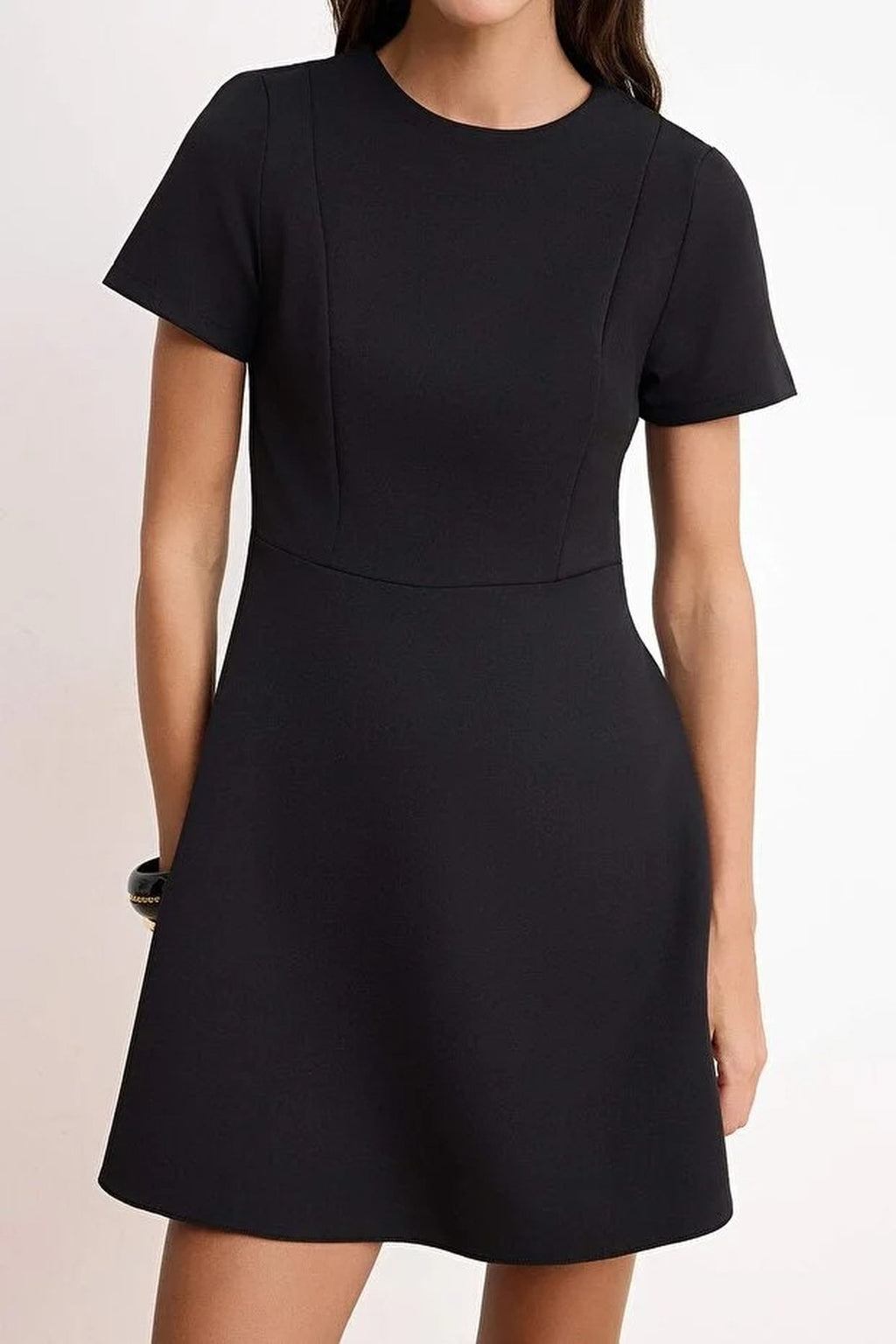 Waist-Fronted Short Sleeved Mini Stretch Woven Dress