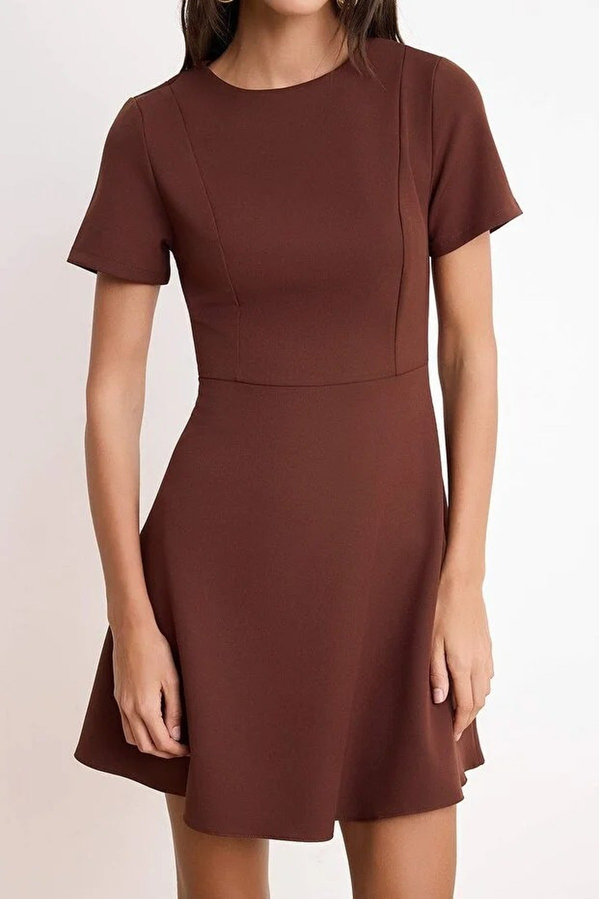 Waist-Fronted Short Sleeved Mini Stretch Woven Dress