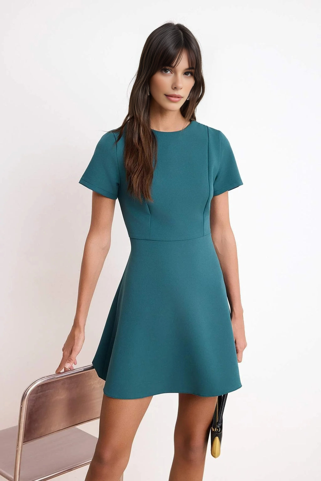 Waist-Fronted Short Sleeved Mini Stretch Woven Dress