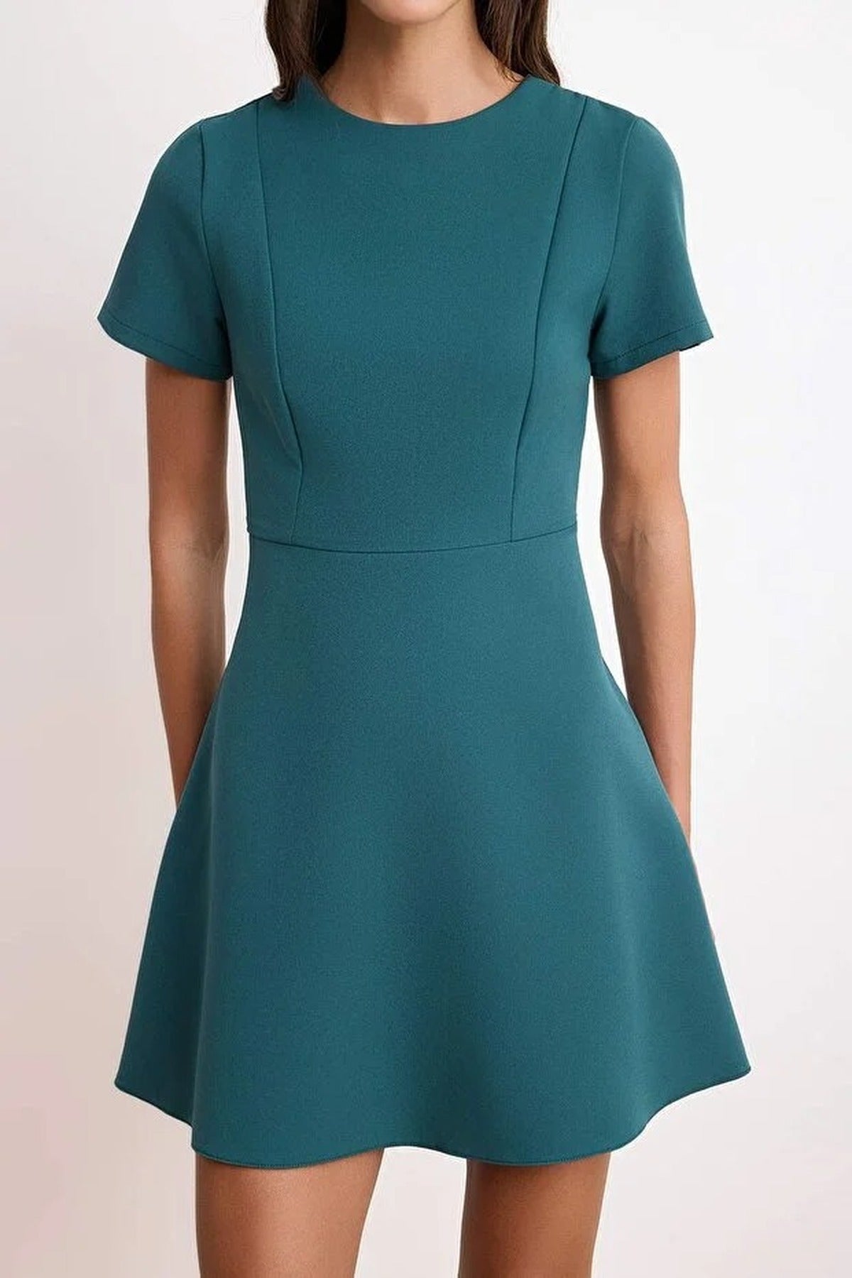 Waist-Fronted Short Sleeved Mini Stretch Woven Dress