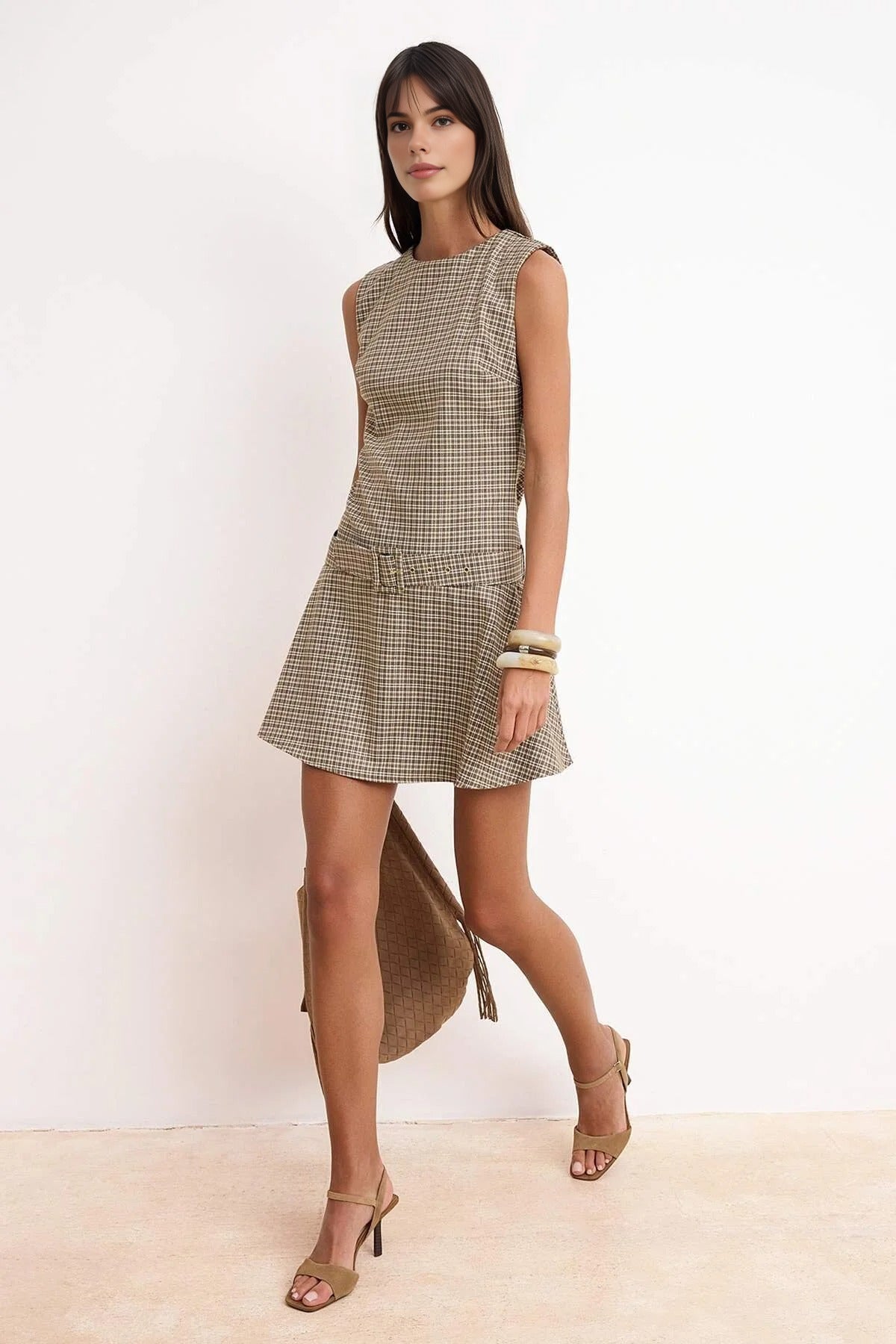 Belt Detail Plaid Mini Woven Dress
