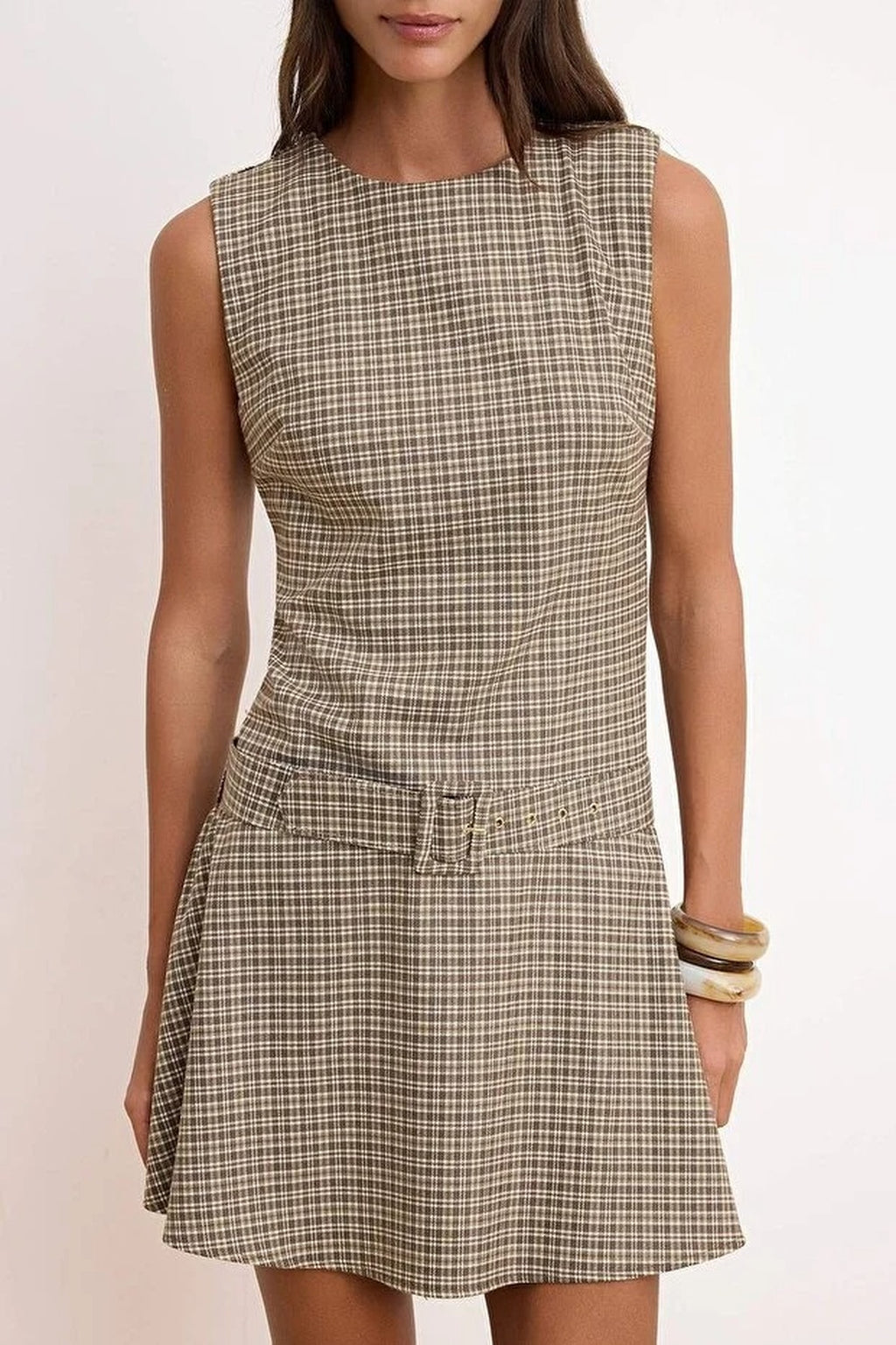 Belt Detail Plaid Mini Woven Dress