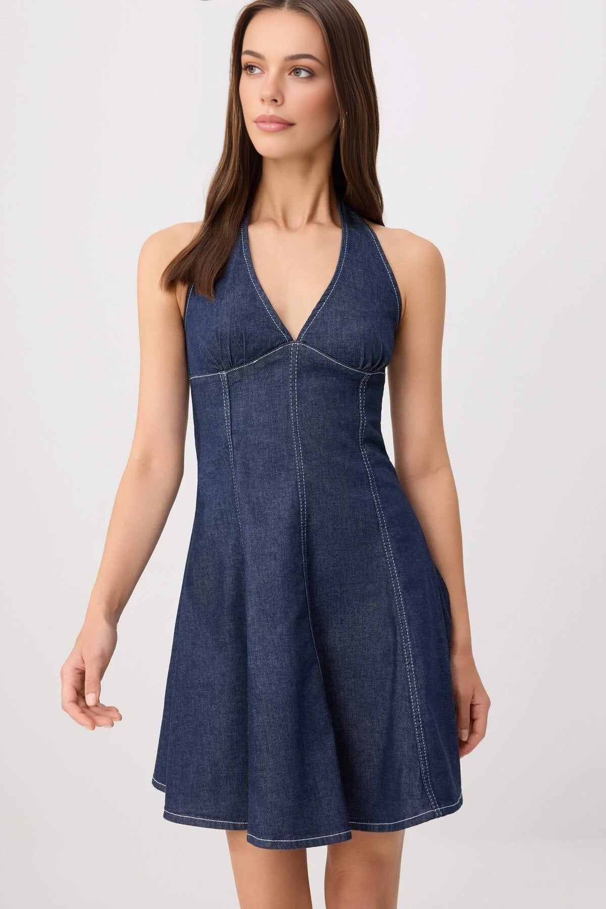 Halter Neck Tie Detail Skater Mini Denim Dress