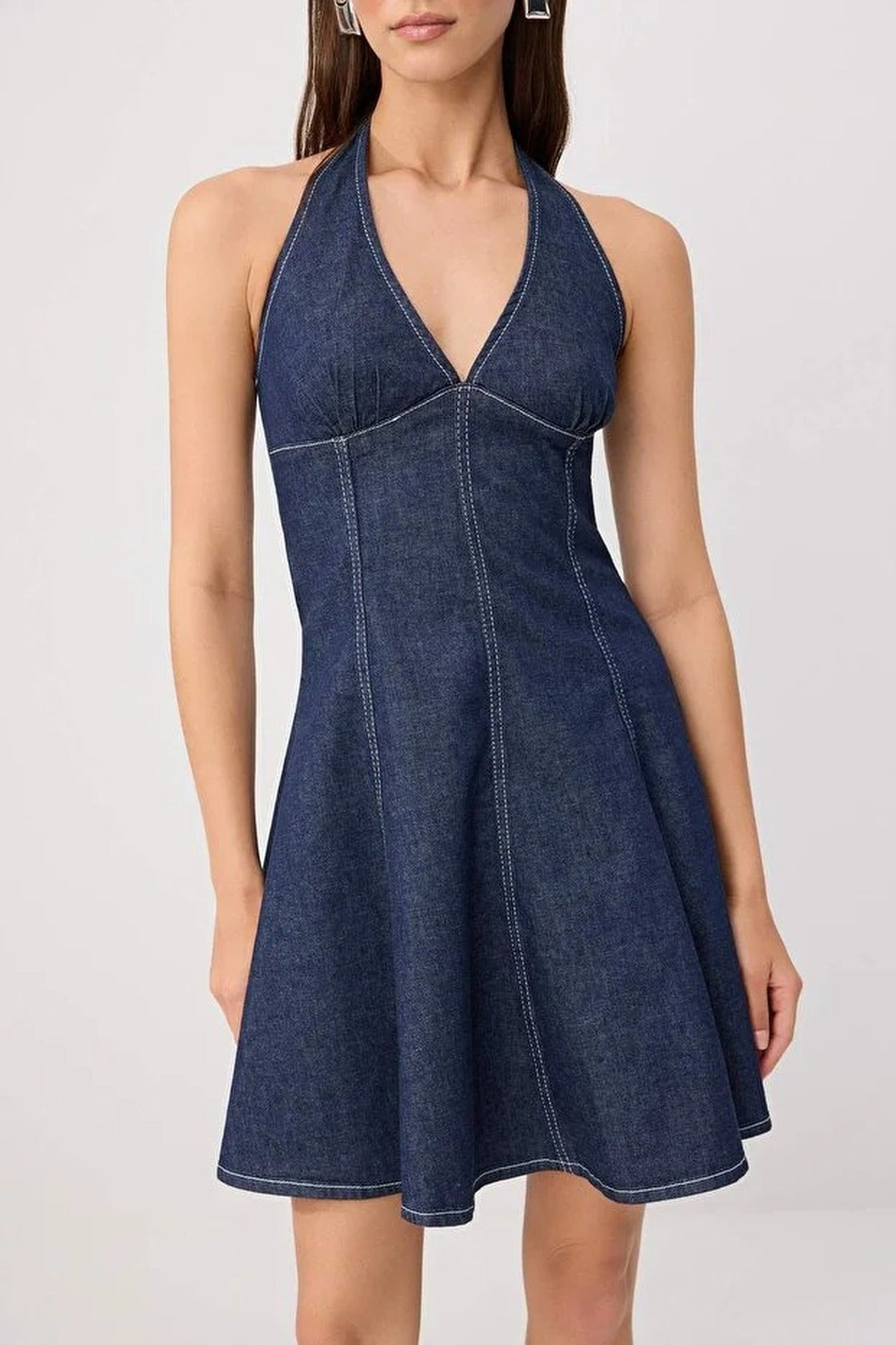 Halter Neck Tie Detail Skater Mini Denim Dress