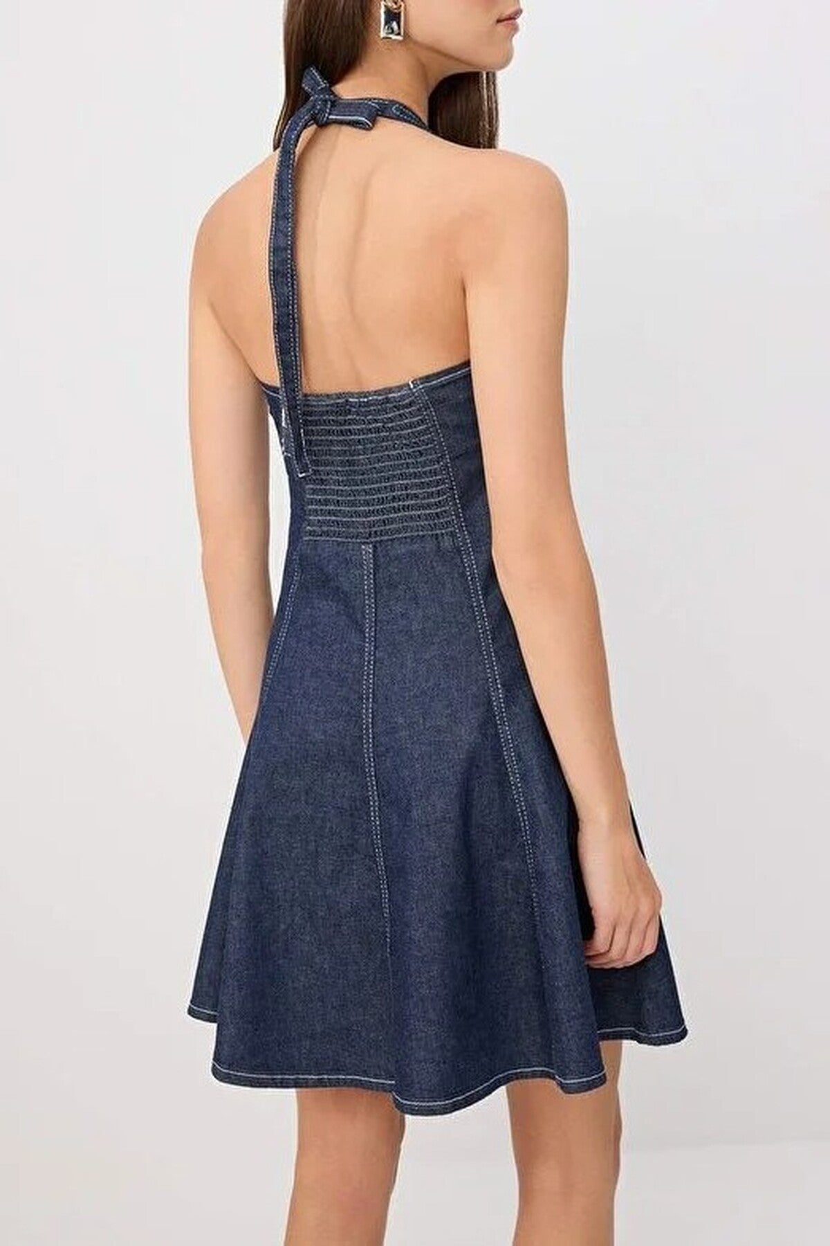 Halter Neck Tie Detail Skater Mini Denim Dress