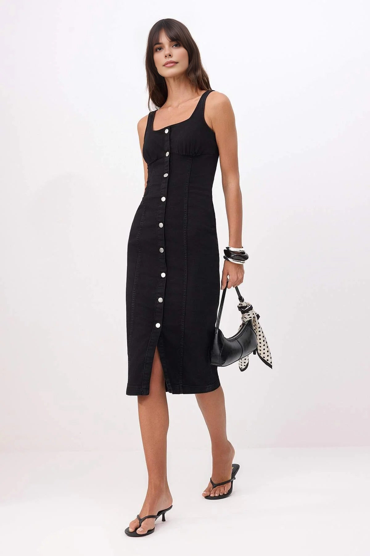 Button Detail Medium Stretch Midi Denim Dress