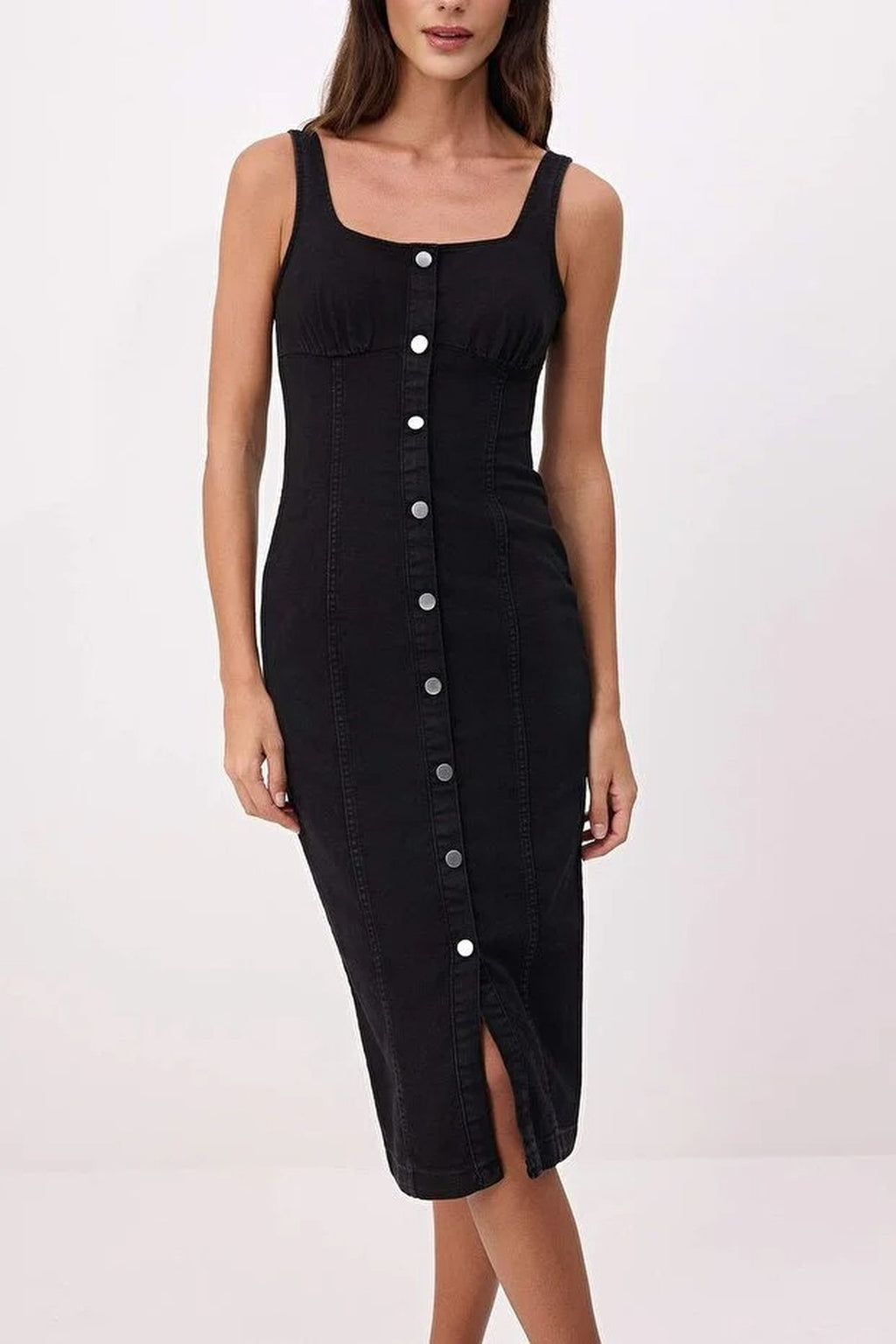 Button Detail Medium Stretch Midi Denim Dress