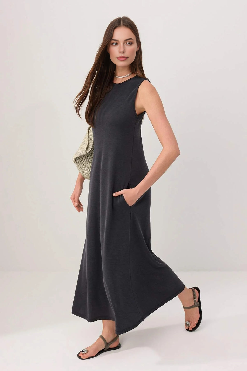 High Neck Sleeveless A-Line Midi Dress