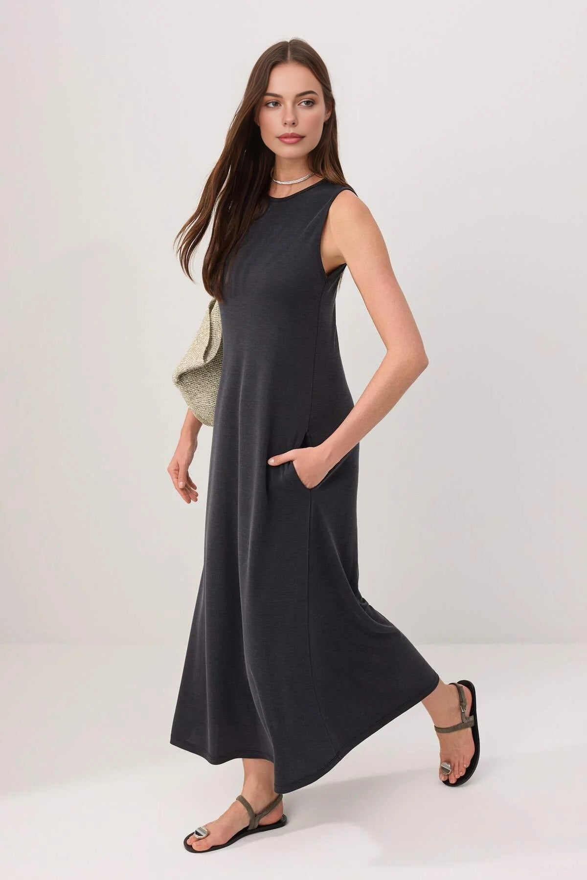 High Neck Sleeveless A-Line Midi Dress