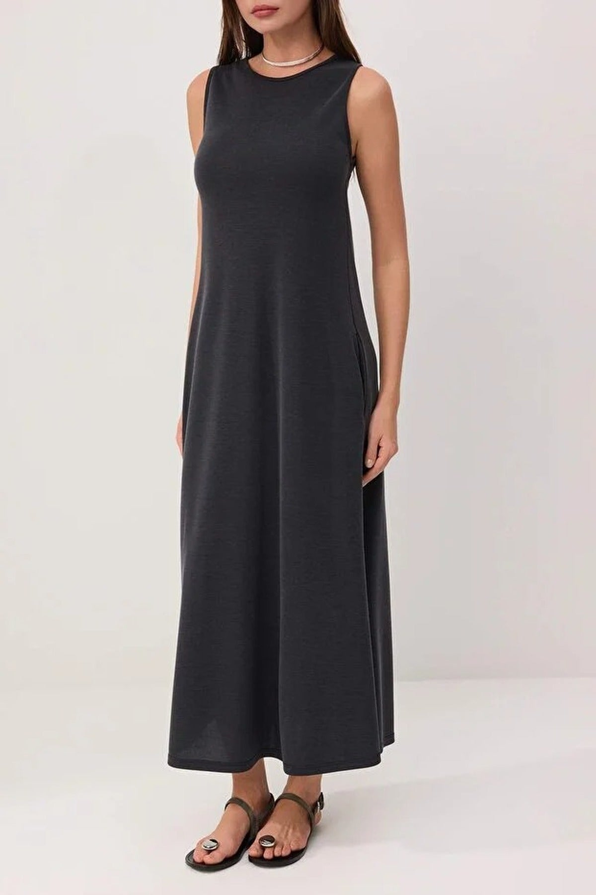 High Neck Sleeveless A-Line Midi Dress