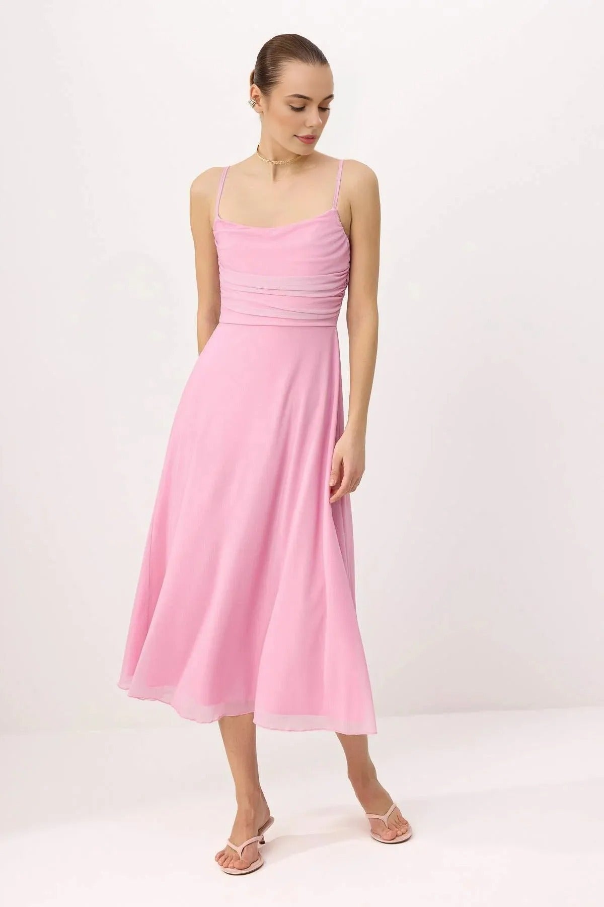 A-Line Pool Neck Thin Strap Tulle Knit Dress