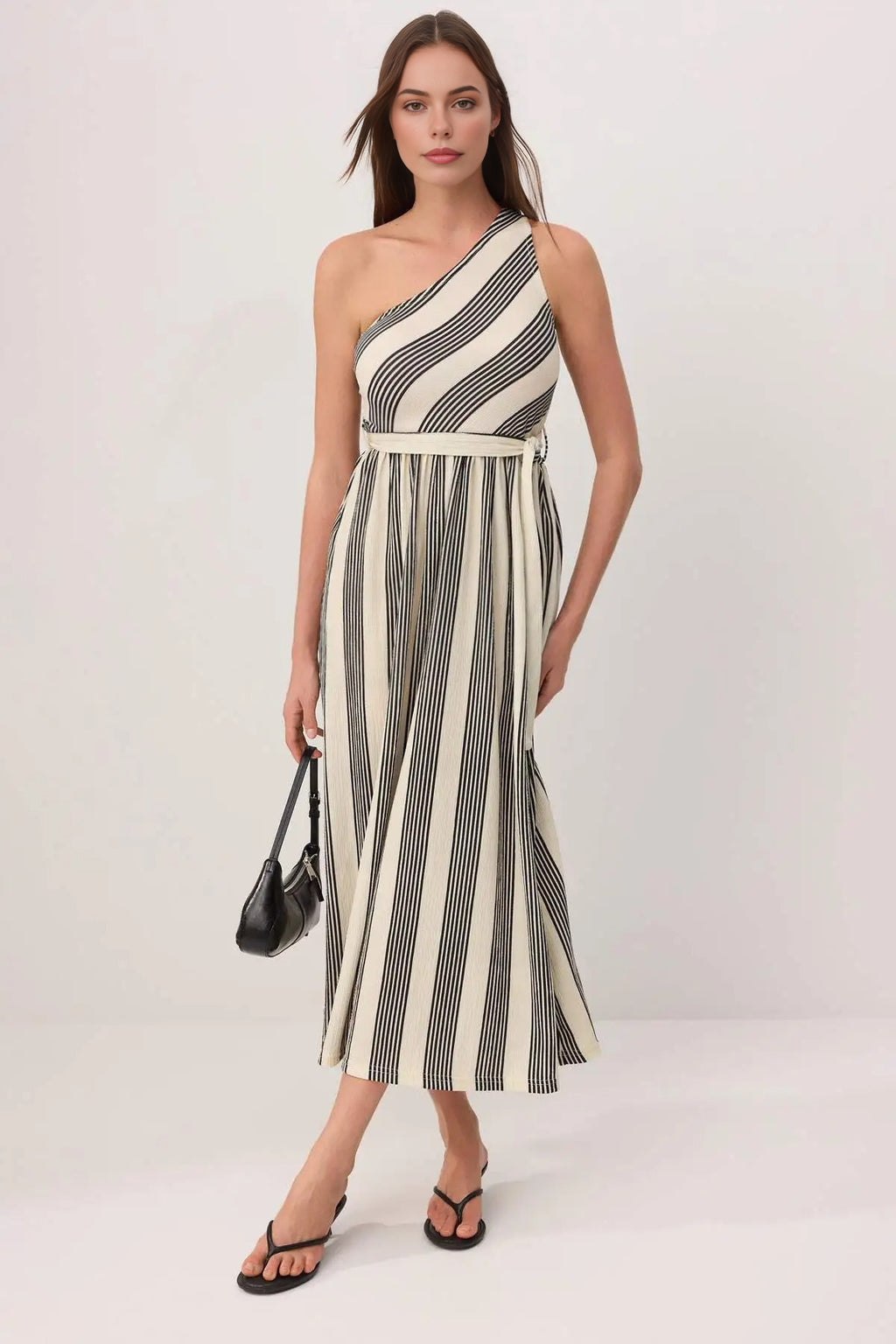 Striped Asymmetric Neckline One Sleeve A-Line Midi Dress