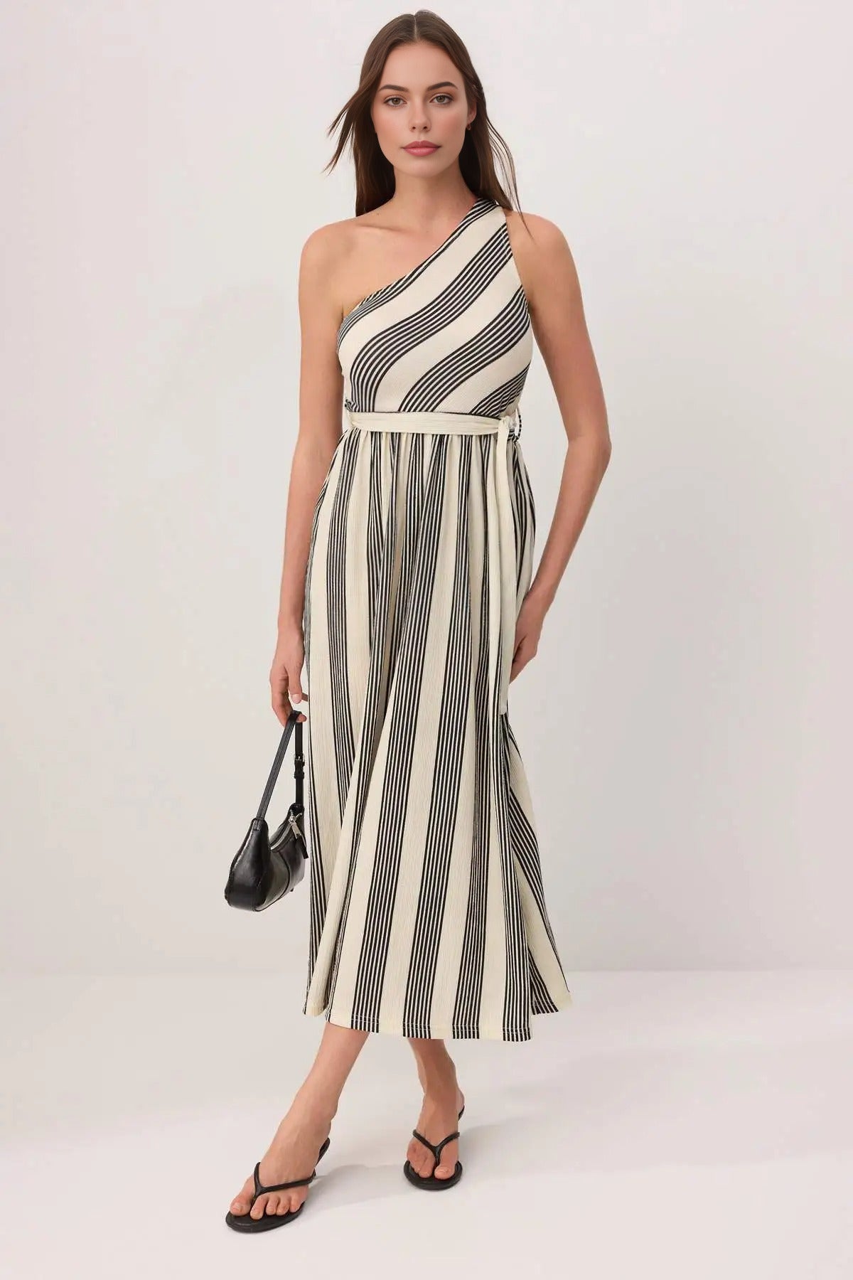 Striped Asymmetric Neckline One Sleeve A-Line Midi Dress