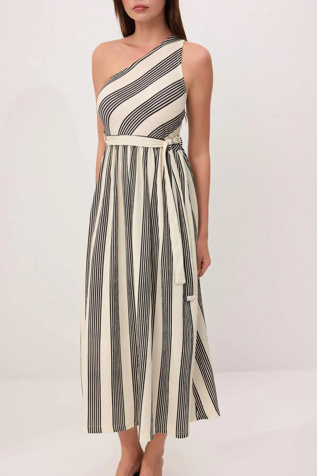 Striped Asymmetric Neckline One Sleeve A-Line Midi Dress