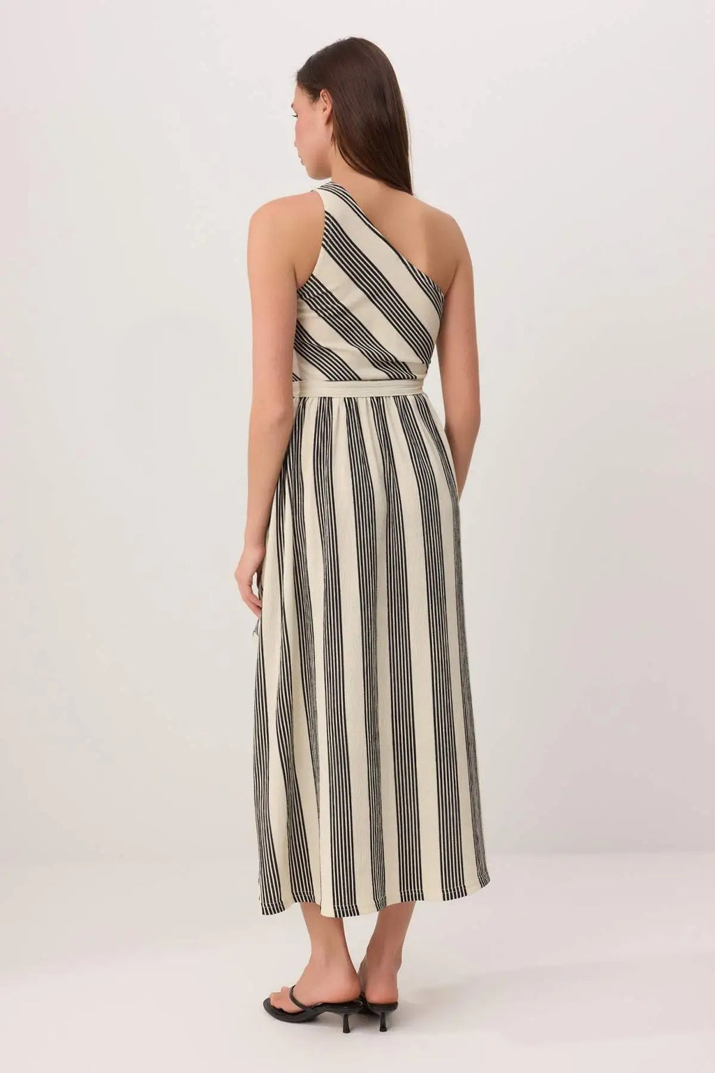 Striped Asymmetric Neckline One Sleeve A-Line Midi Dress
