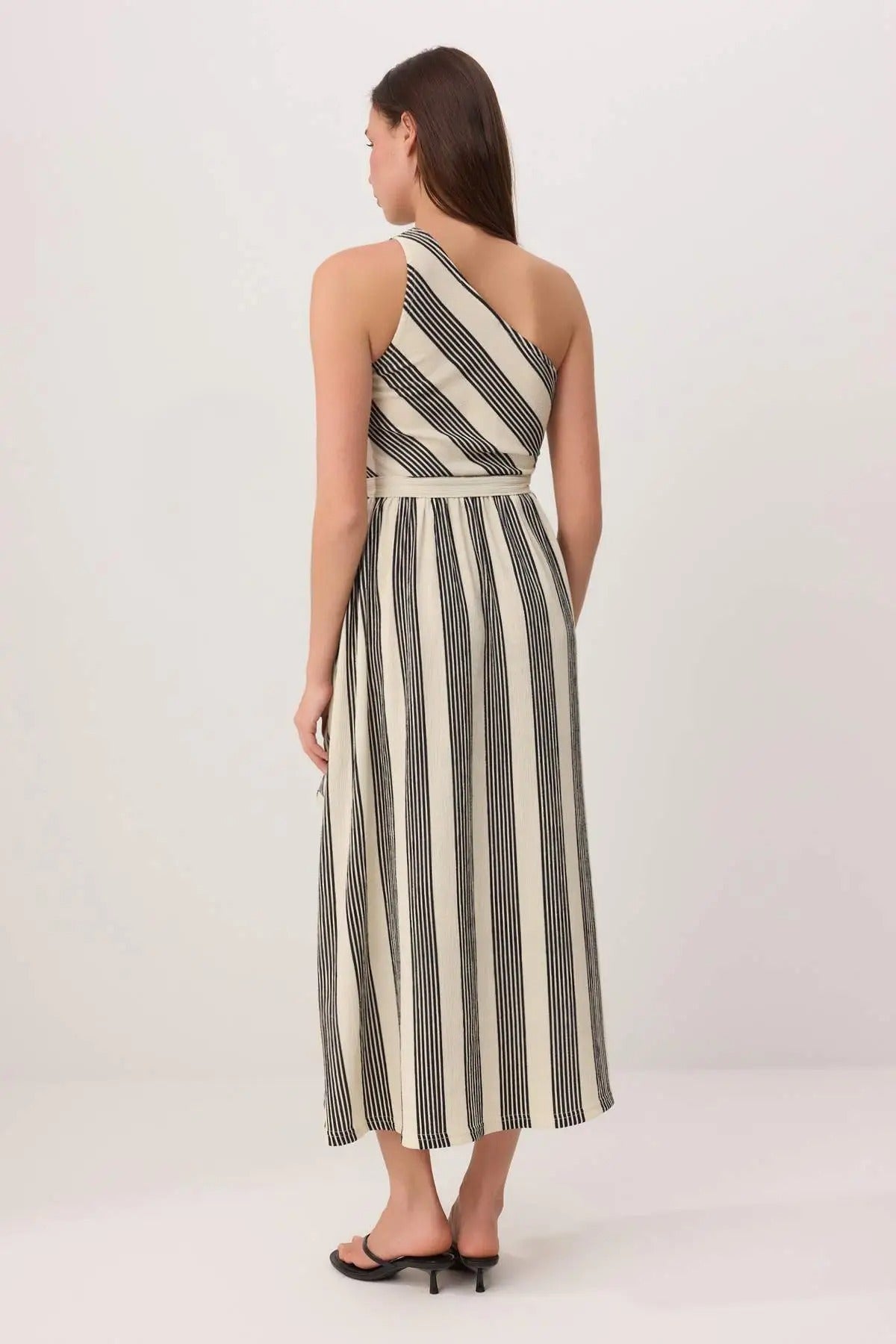 Striped Asymmetric Neckline One Sleeve A-Line Midi Dress