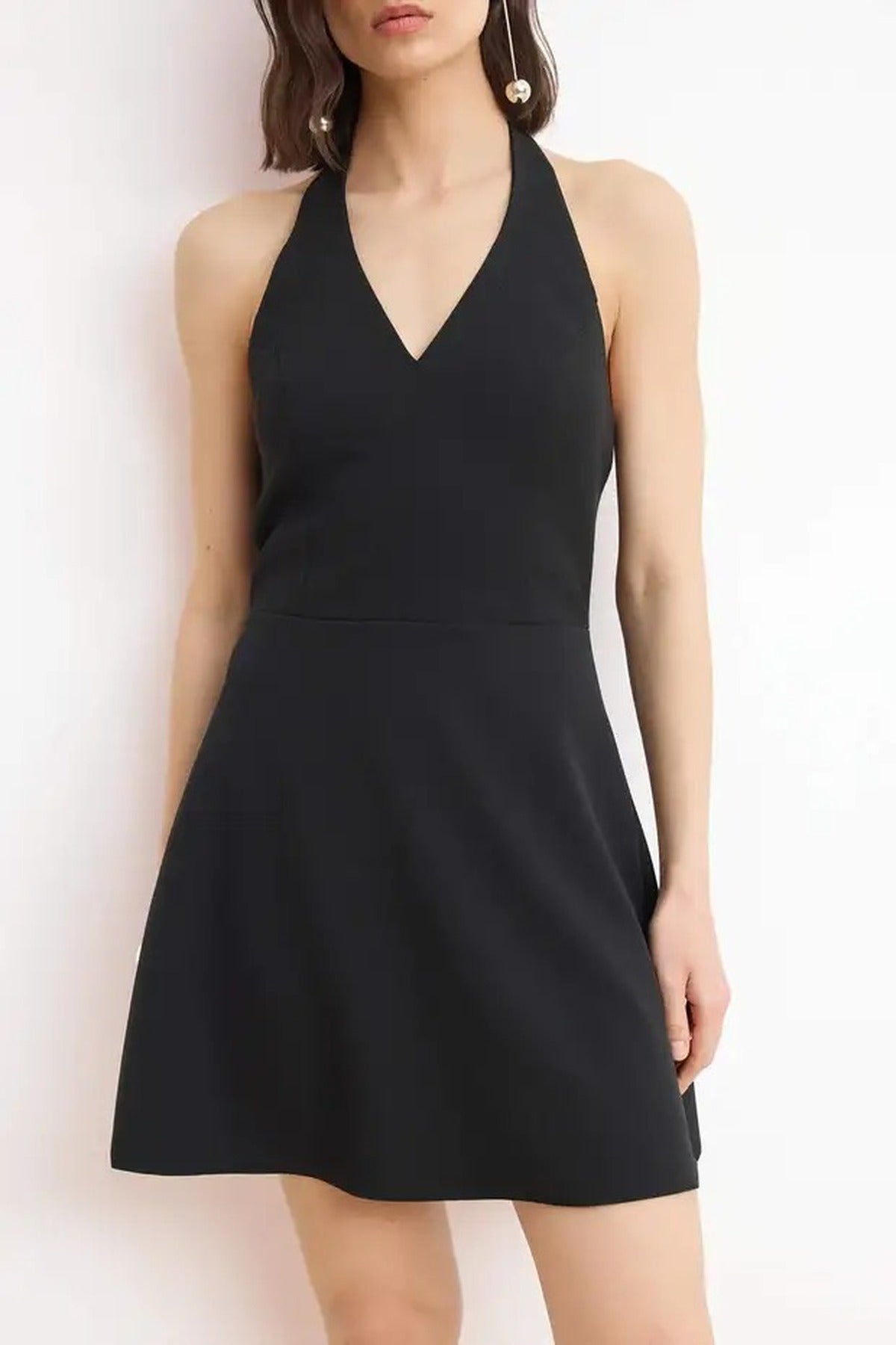V-Neck Mini Stretchy Woven Dress with Ruffles