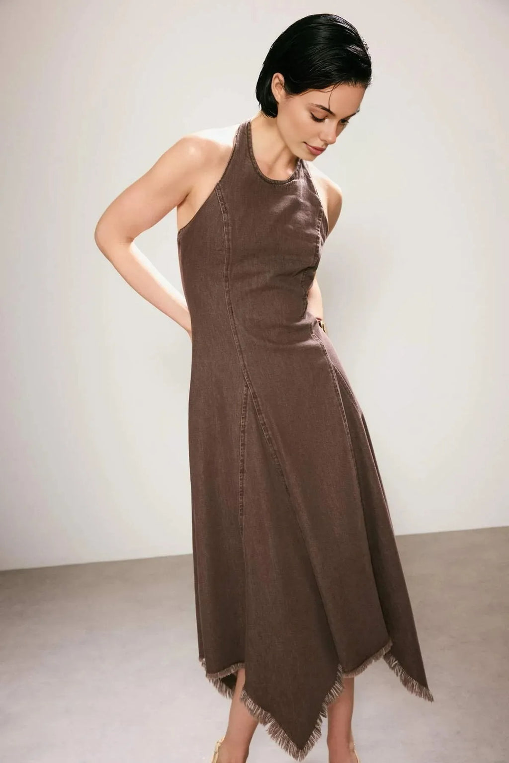 Halter Neck Asymmetrical Midi Denim Dress