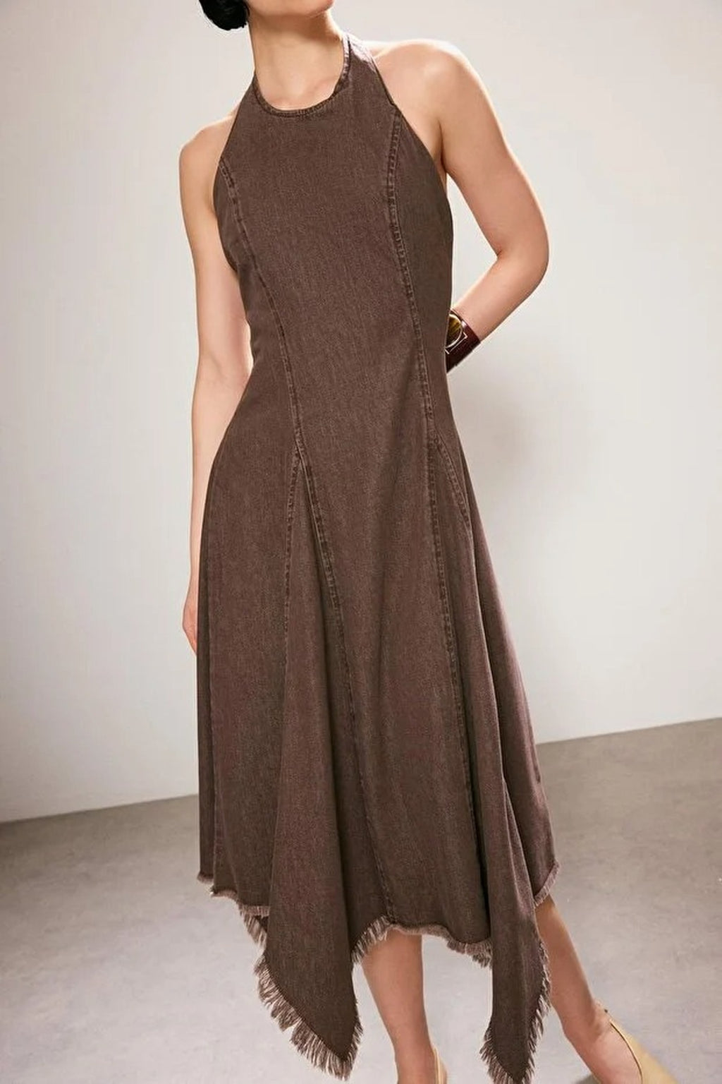 Halter Neck Asymmetrical Midi Denim Dress