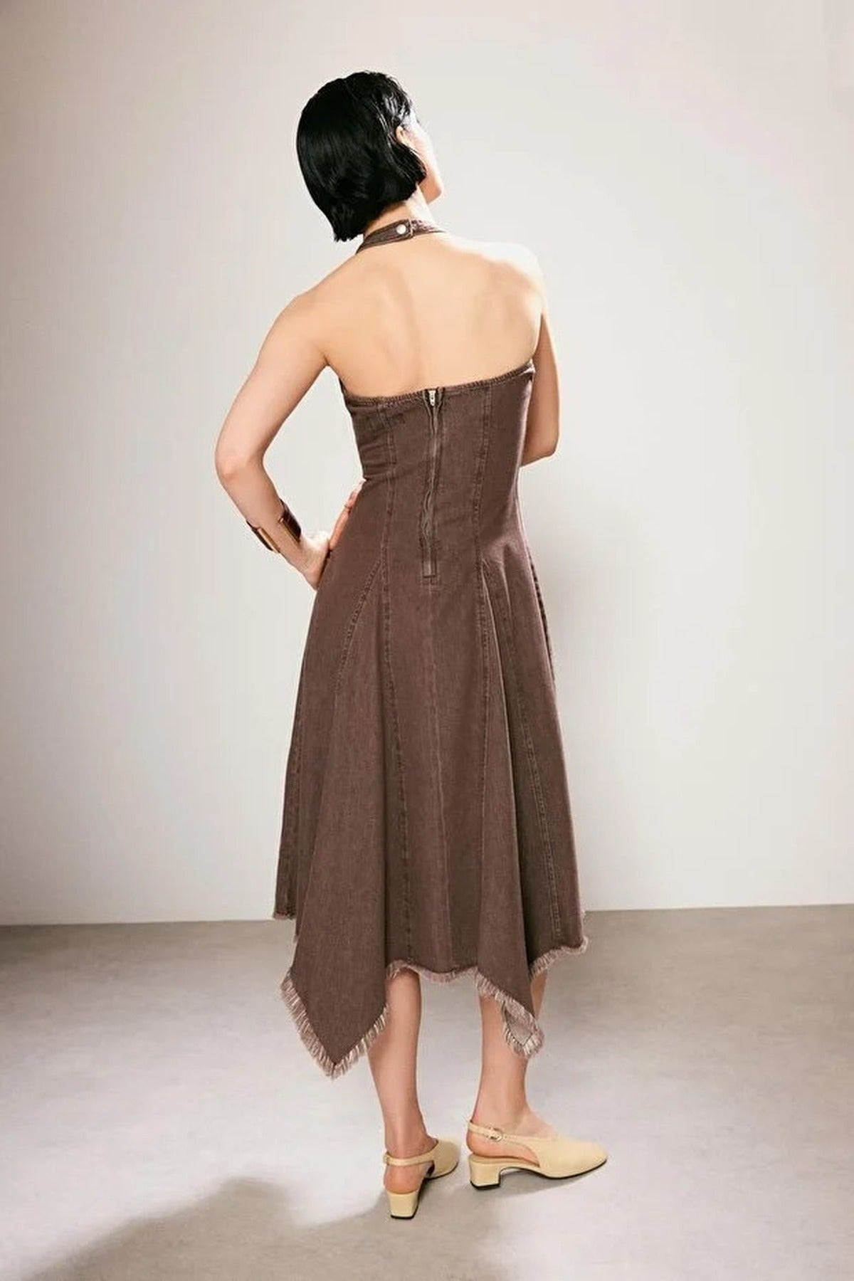 Halter Neck Asymmetrical Midi Denim Dress