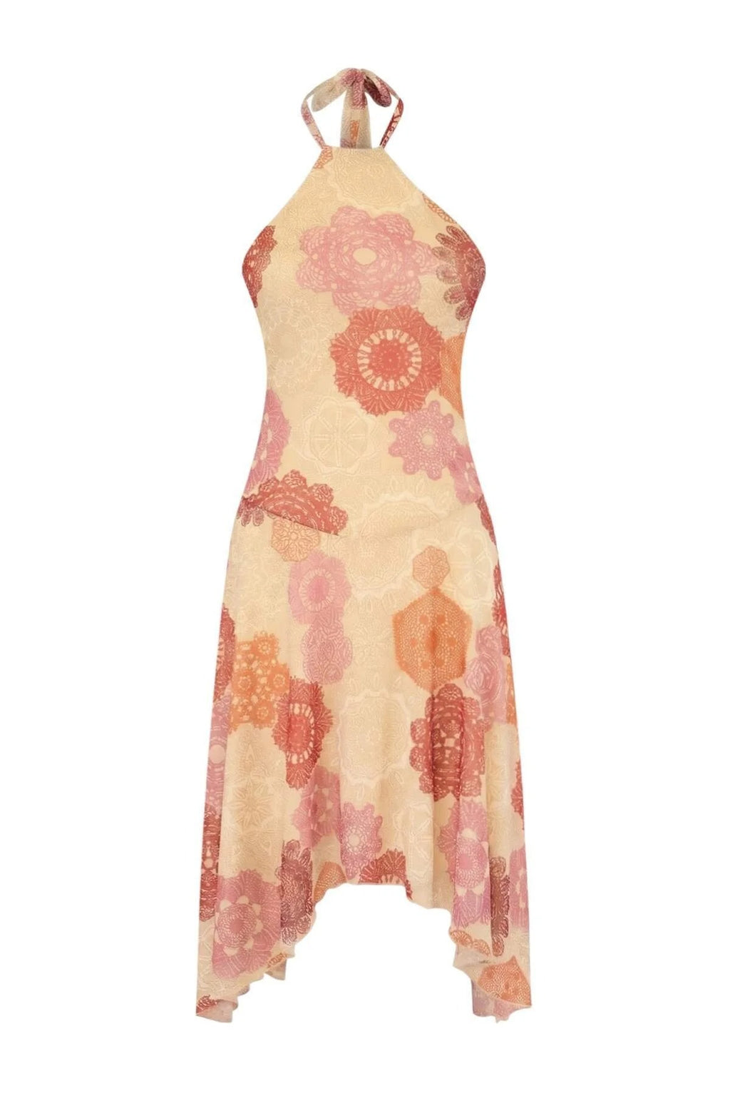 Shawl Pattern Skater Halter Neck Sleeveless Tulle Knit Dress