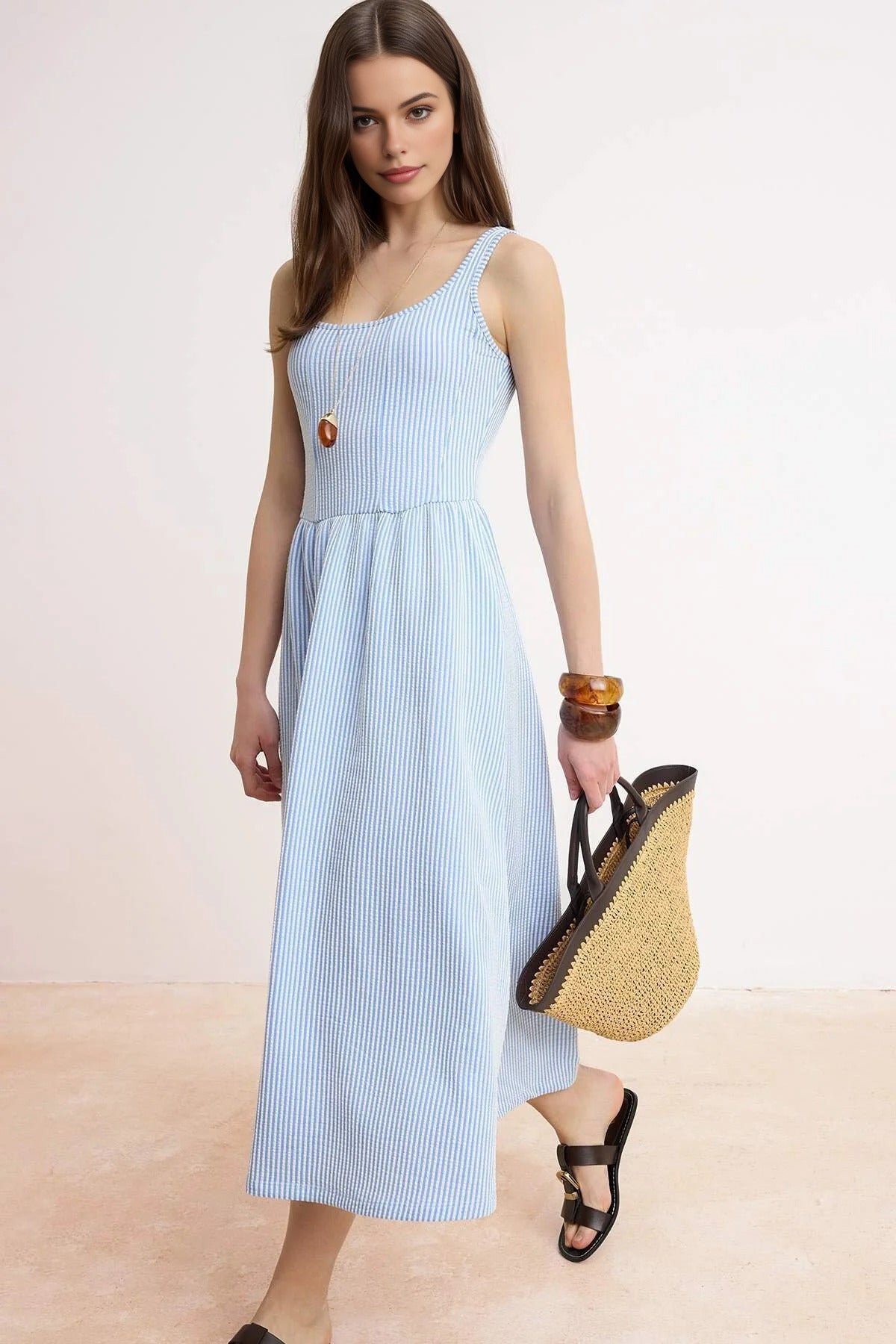 Striped Thick Straps Sleeveless Textured Knit Dress