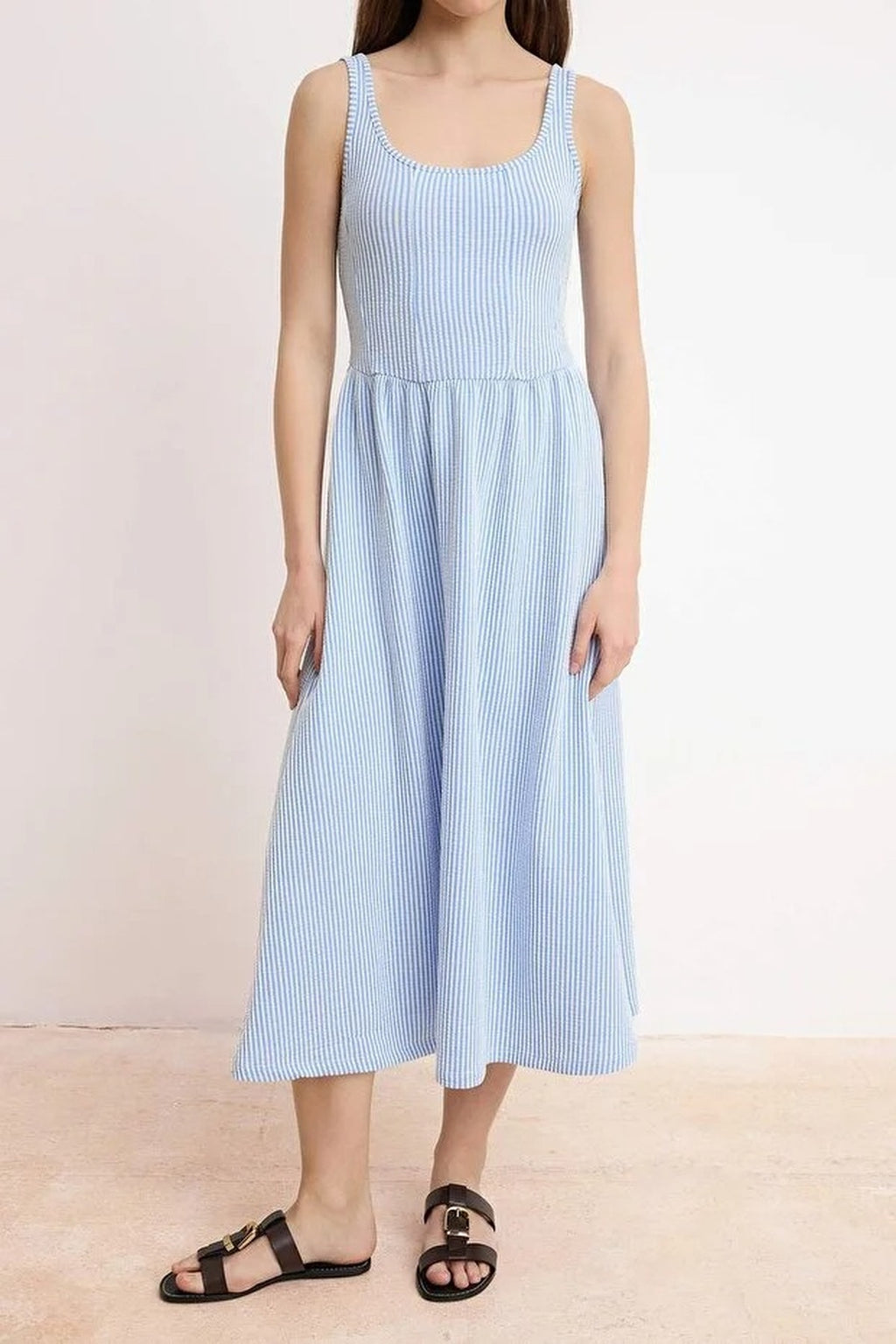 Striped Thick Straps Sleeveless Textured Knit Dress