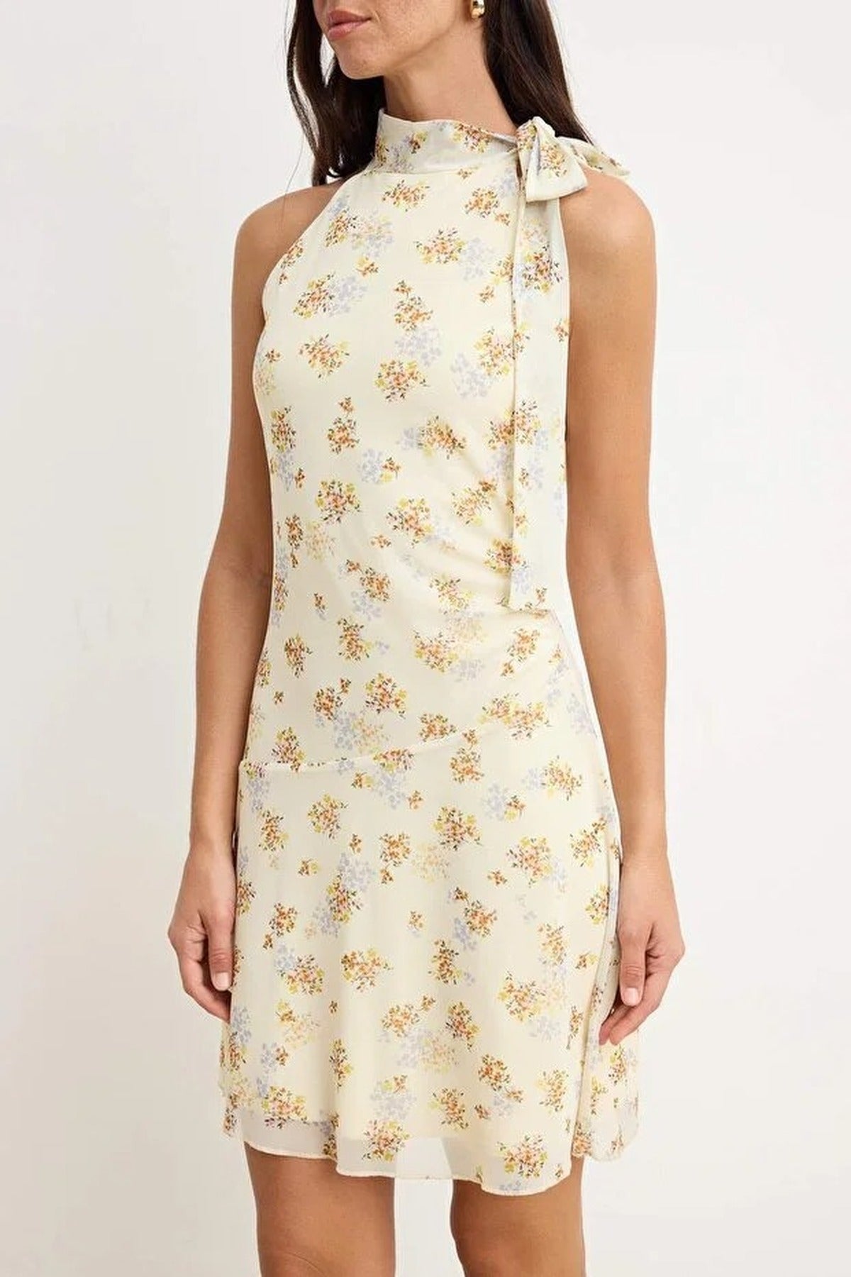 Printed Halter Neck Sleeveless Flared Tulle Skater Mini Dress