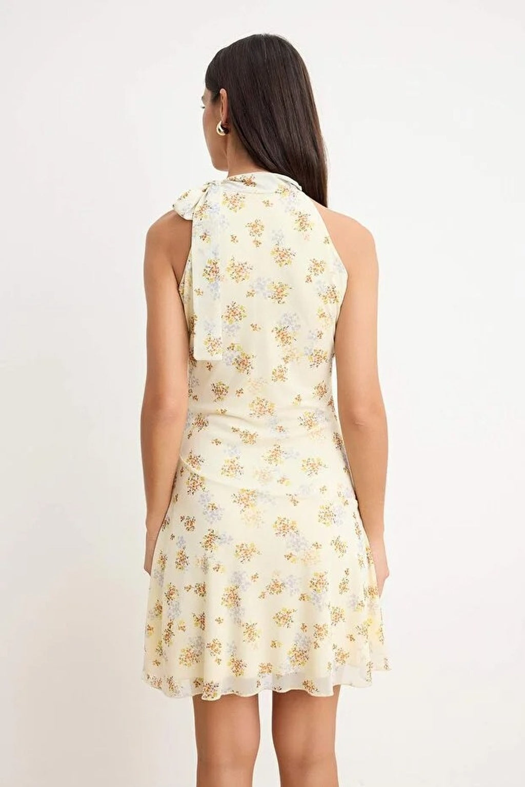 Printed Halter Neck Sleeveless Flared Tulle Skater Mini Dress