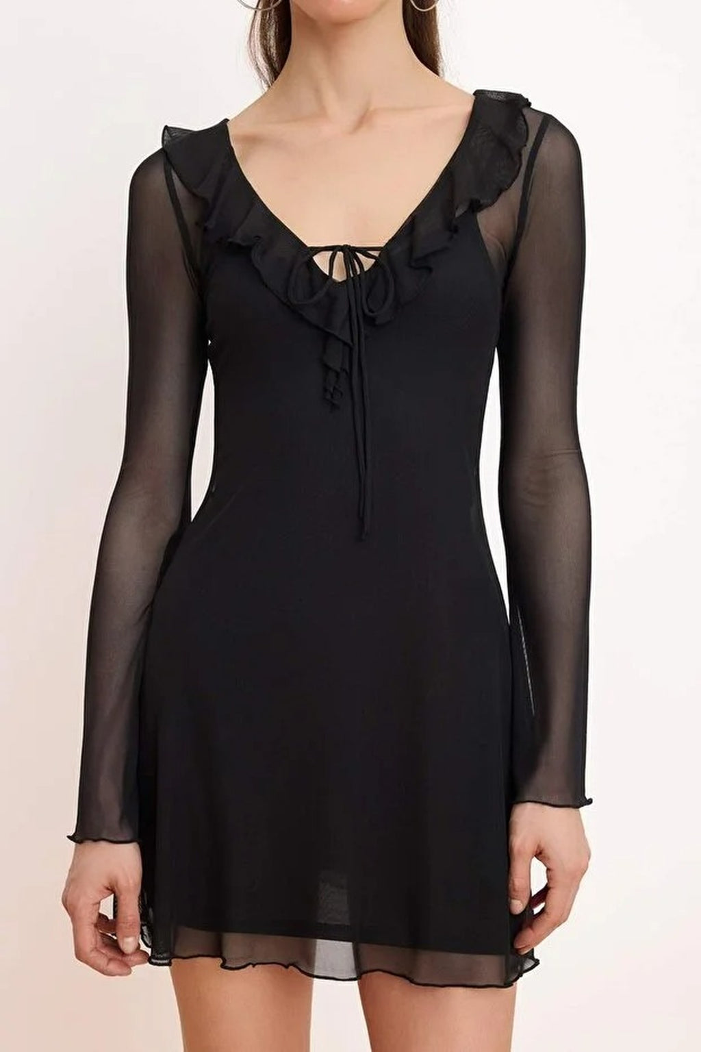 Skater V-Neck Long Sleeved Mini Tulle Knit Dress