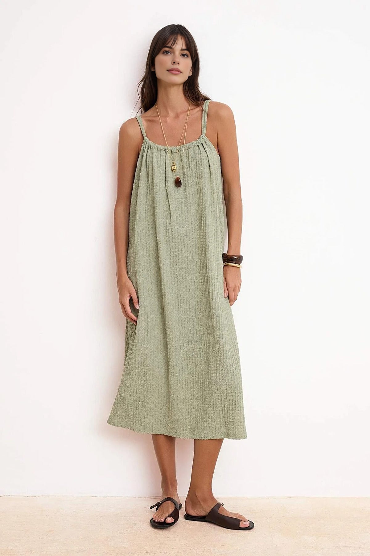 Plain Neckline Sleeveless Midi Textured Knit Dress