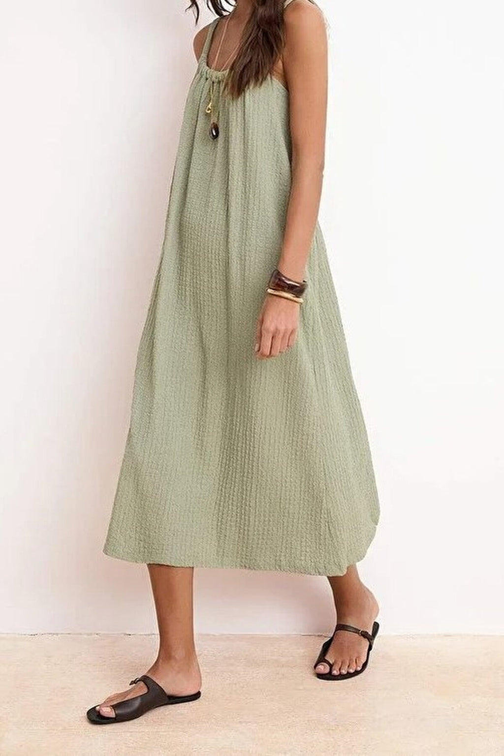 Plain Neckline Sleeveless Midi Textured Knit Dress